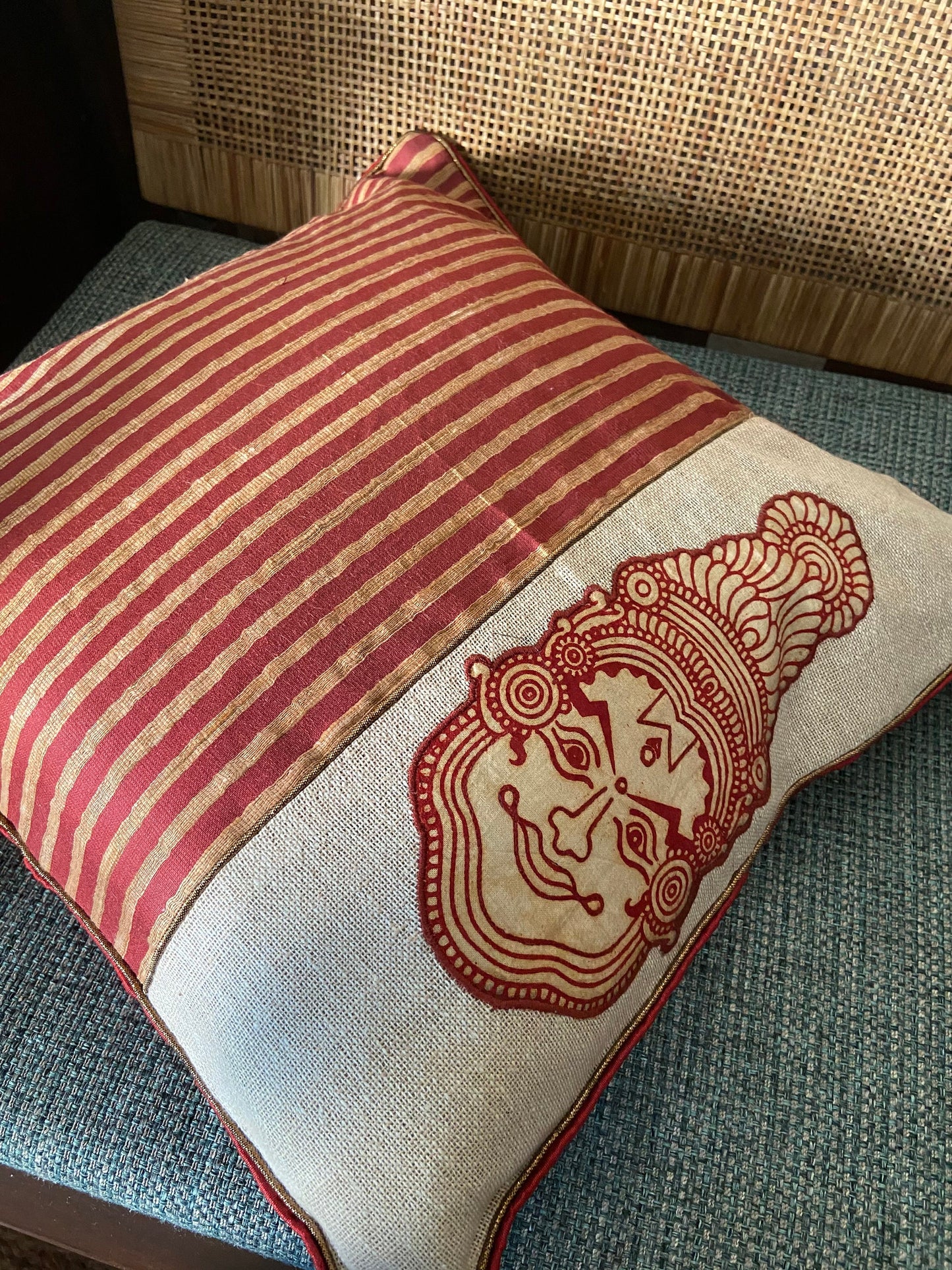 Nritya – Jute Silk Cushion Cover, Kathakali Cushion Cover, Handmade Maroon Beige Sham, Designer Indian Festive Sham, 16X16, Price/pc