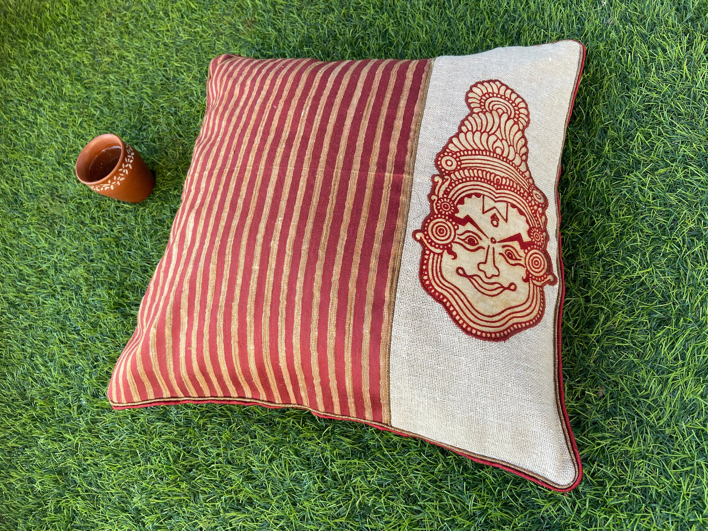 Nritya – Jute Silk Cushion Cover, Kathakali Cushion Cover, Handmade Maroon Beige Sham, Designer Indian Festive Sham, 16X16, Price/pc