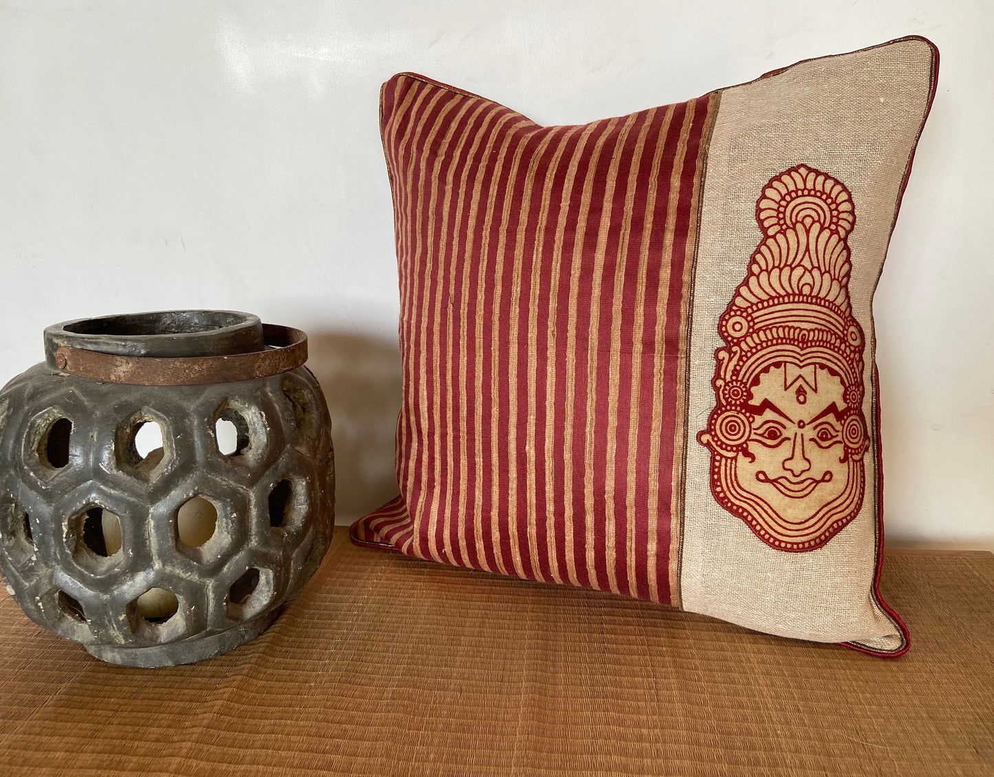 Nritya – Jute Silk Cushion Cover, Kathakali Cushion Cover, Handmade Maroon Beige Sham, Designer Indian Festive Sham, 16X16, Price/pc