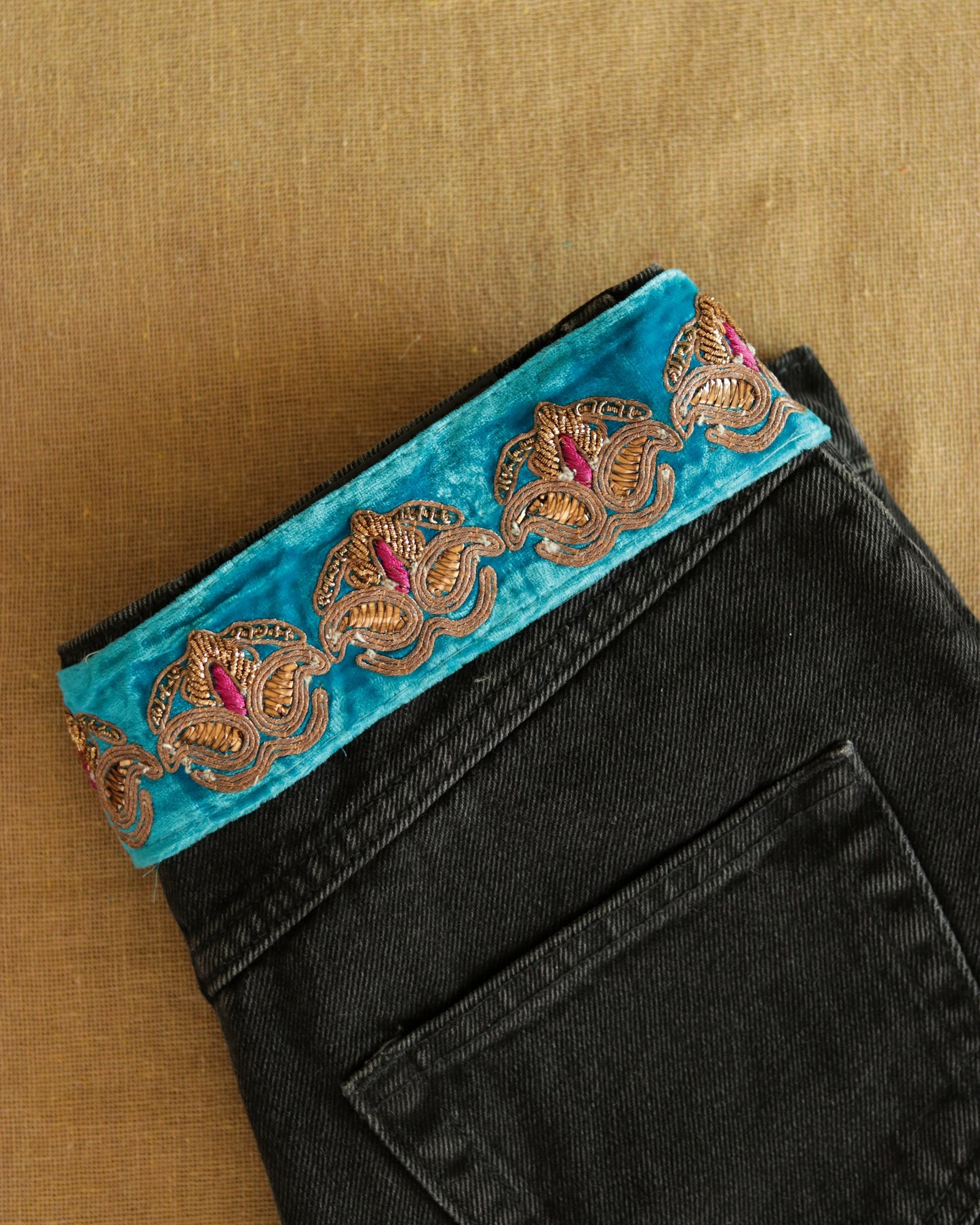 Blue Gold Vintage Embroidered Trim,Handmade Indian Embroidered Border,Blue Velvet Paisley Lace,Bridal Designer Trim,Indian Trim,Price/mtr