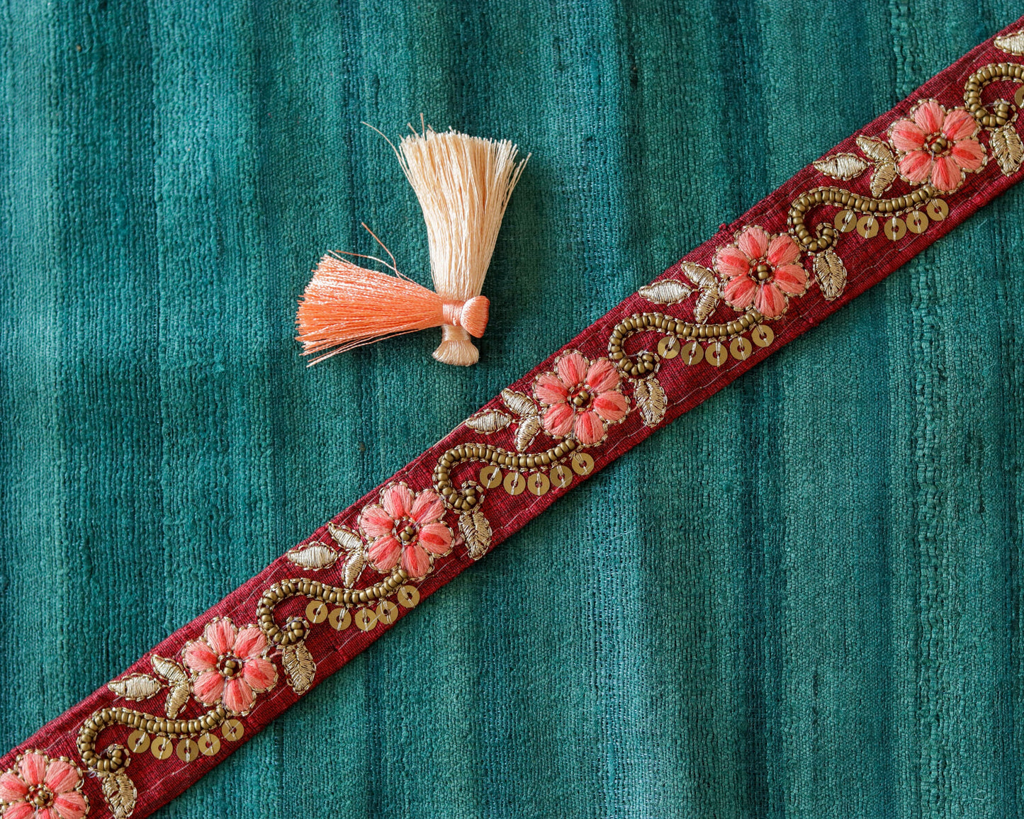 Maroon Pink Floral Beaded Trim,Deep Red Floral Border,Floral Embroidered Lace,Maroon Pink Gold Lace,Indian Trim,Maroon Saree Border,Price/mt