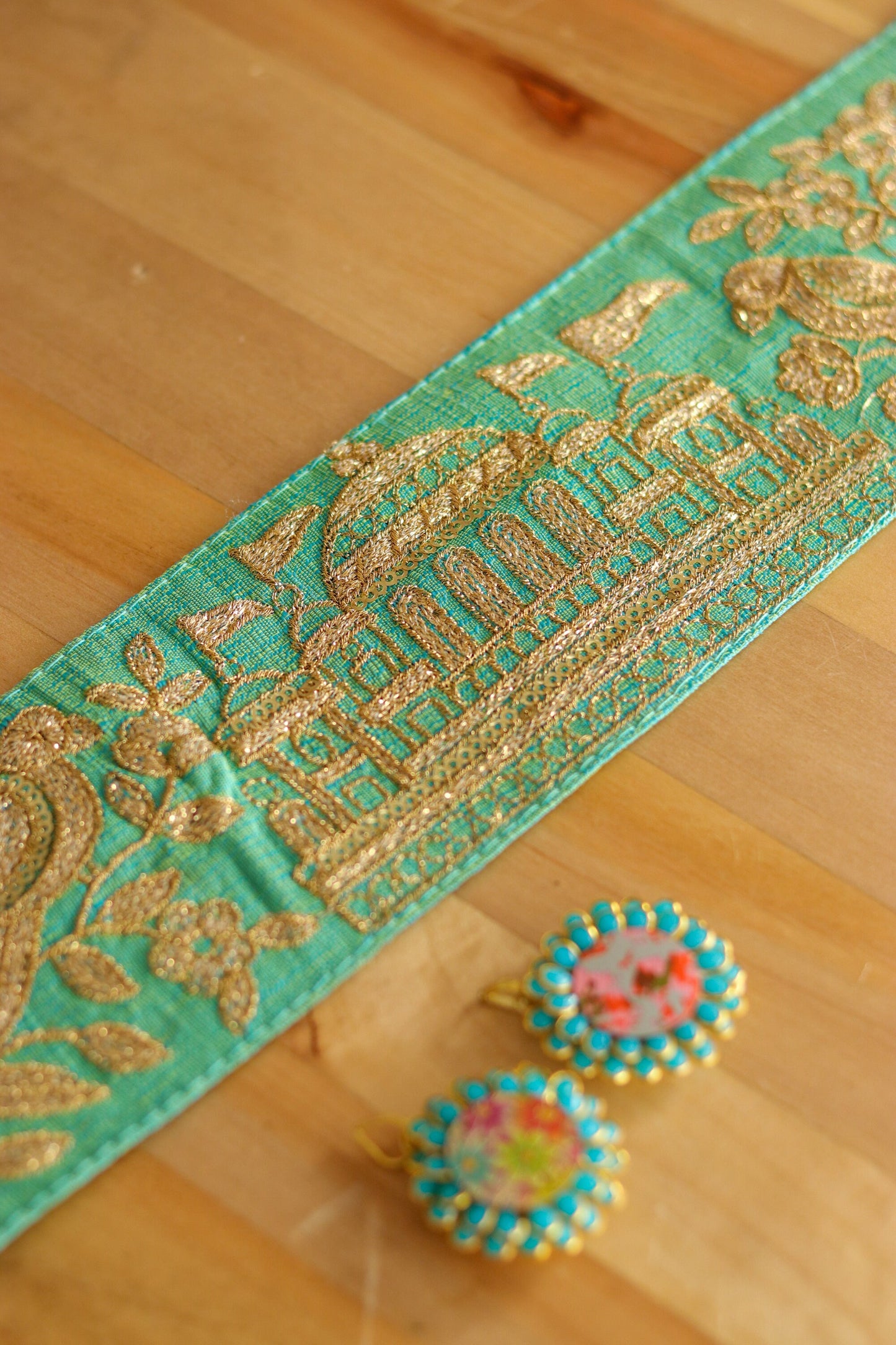 Mint Green Parrot Palace Trim,Green Gold Embroidered Palace Border,Bird Embroidery Lace,Mint Boho Trim,Royal Indian Designer Trim,Price/mtr