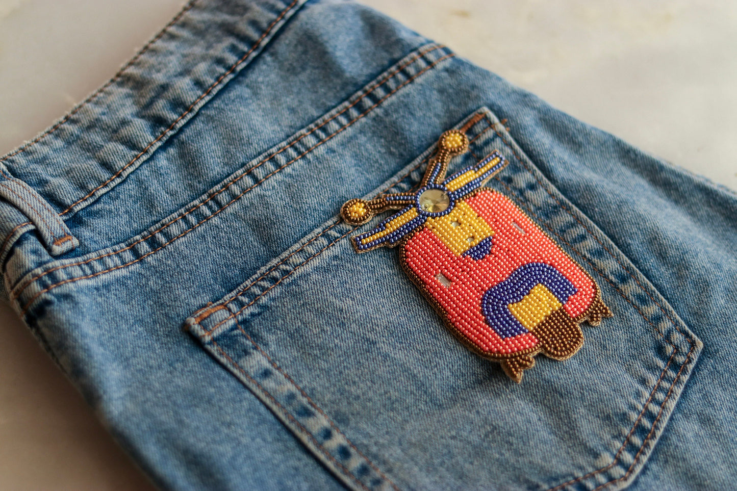Orange Scooter beaded embroidered patch,Quirky Handmade scooter applique,Boho patch,Vehicle applique,Costume Denim Patch,Sew on DIY Patch