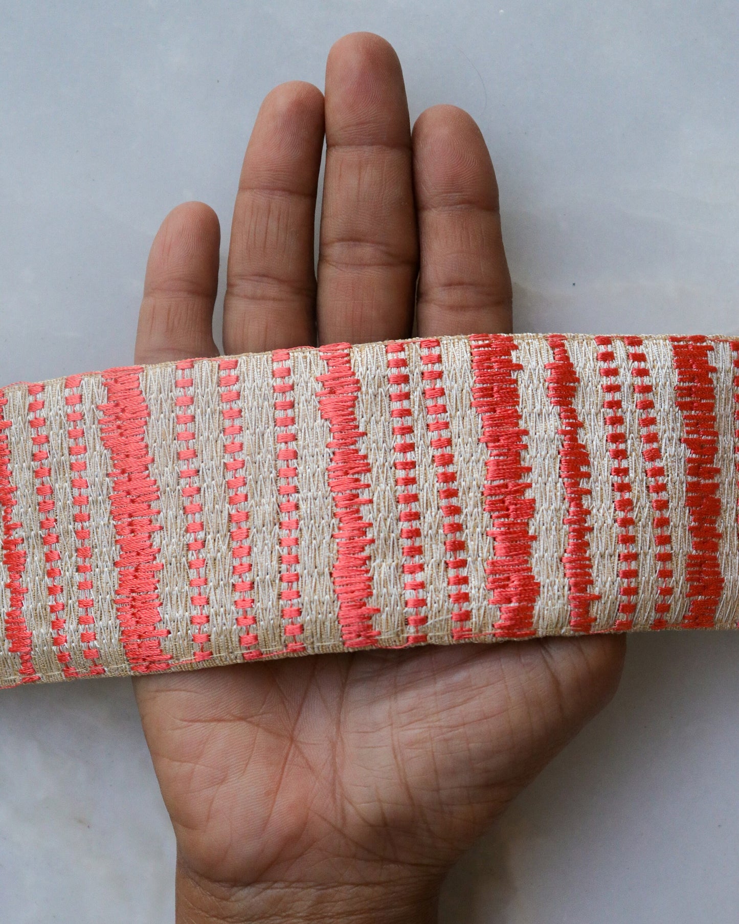 Peach White Woven Indian Trim,Orange Cream Weave Border,Striped Lace,Geometric Barcode Design Trim,Zebra Stripes Saree Border,Price/mtr,