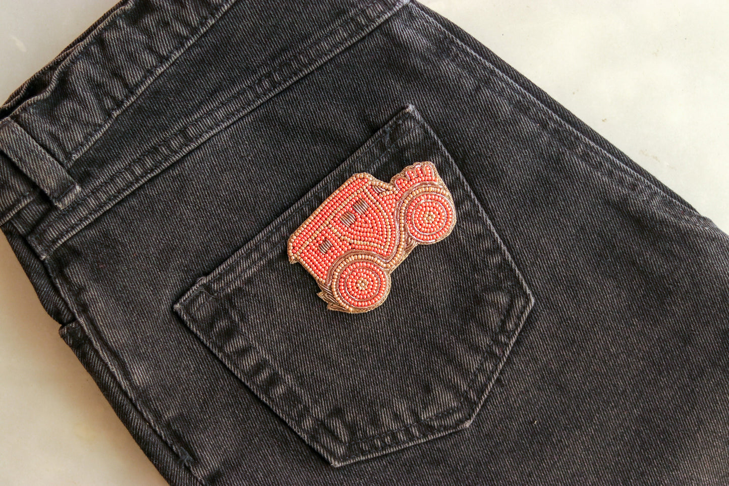 Vintage Car beaded embroidered patch,Peach Quirky Handmade Beaded Car applique,Boho patch,Vehicle applique,Costume Denim Sew on DIY Patch