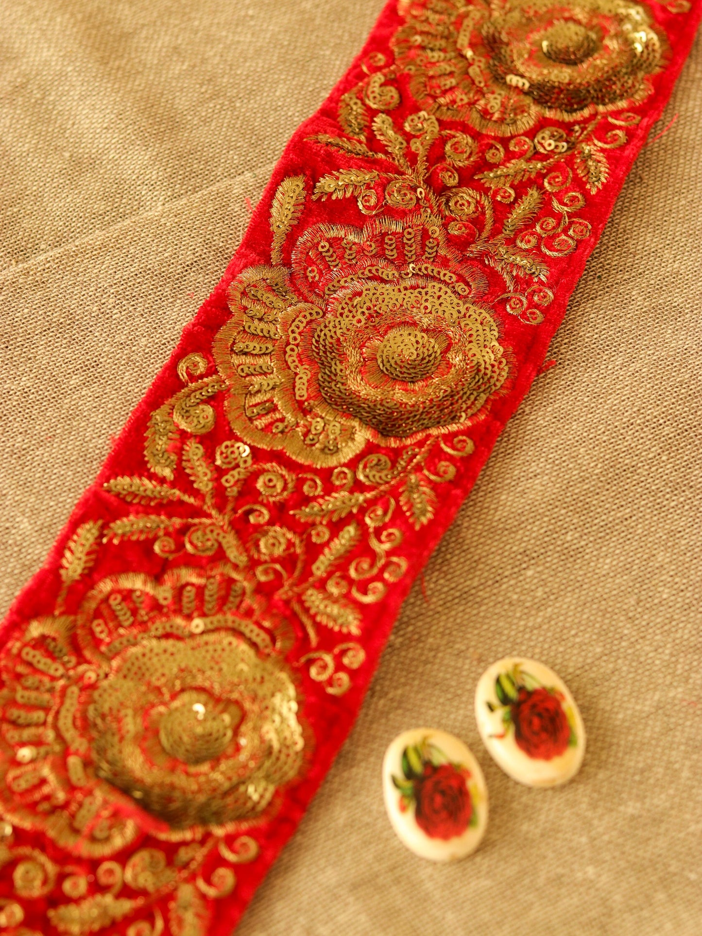 Red Gold Velvet Floral Trim,Indian Embroidered Border,Red Gold Floral Lace,Floral Velvet Saree Border,Broad Red Velvet Border,Price/mtr
