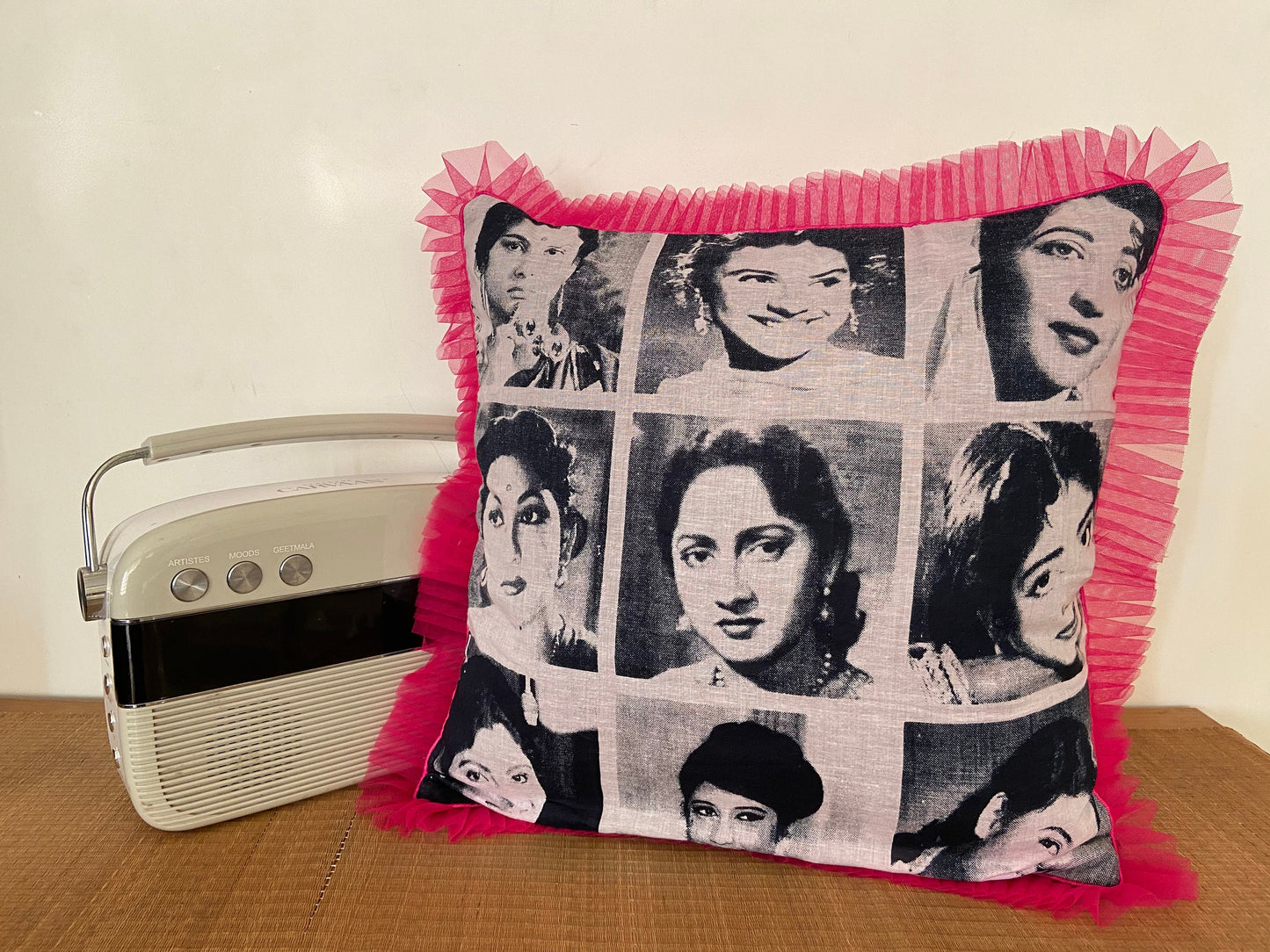 Gulabo - Kitschy Bollywood Cushion Cover,Handmade Black White Photo Print Cushion,Boho Pink Polka Sham,Quirky Home Décor,Indian Home Décor