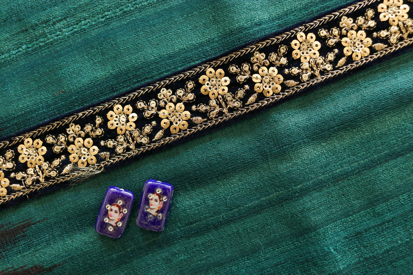 Deep Blue Gold Velvet Trim,Indian Floral Embroidered Border,Blue Gold Floral Lace,Floral Velvet Saree Border,Blue Velvet Border, 75 cm