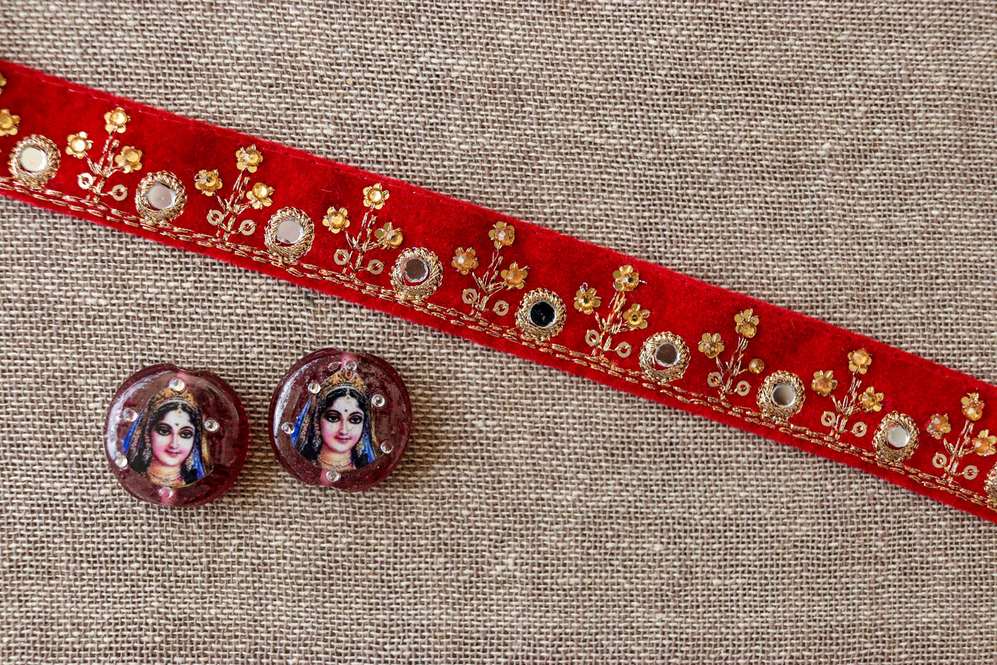 Red Gold Mirror Sequin Trim,Indian Embroidered Border,Red Gold Velvet Floral Lace,Red Velvet Saree Border,Red Mirror Sequin Border,Price/mtr