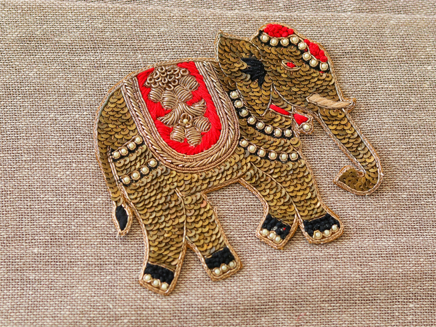 Gold Red Elephant Embroidered Patch,Handmade embroidered applique,Sequin Elephant Patch,Animal patch,Denim Patch,Sew on applique,DIY Patch