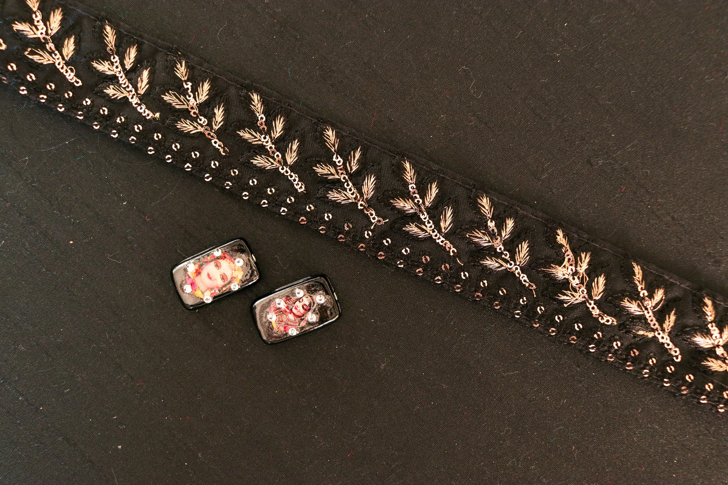 Black Net Sequin Embroidered Trim,Black Gold Net Border,Leaf Embroidery Lace,Indian Trim,Black Saree Border,Price/mtr
