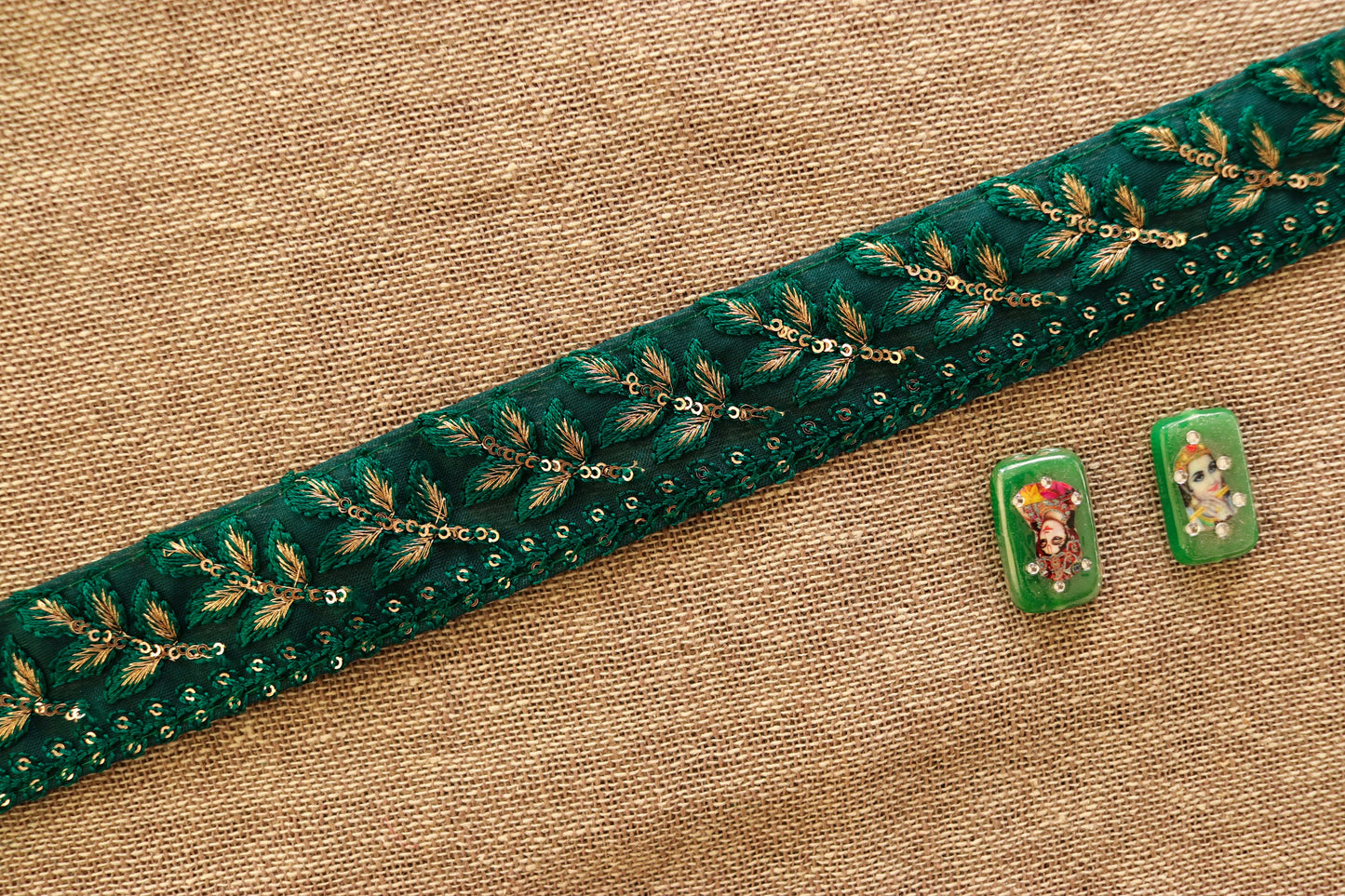 Green Net Sequin Embroidered Trim,Green Gold Net Border,Leaf Embroidery Lace,Indian Trim,Green Saree Border,Price/mtr
