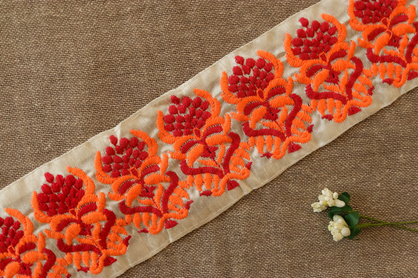 Orange White Floral Embroidered Trim,Indian Fabric Border,Floral Lace,Parsi Embroidery Border,White Saree Border,Price/mtr