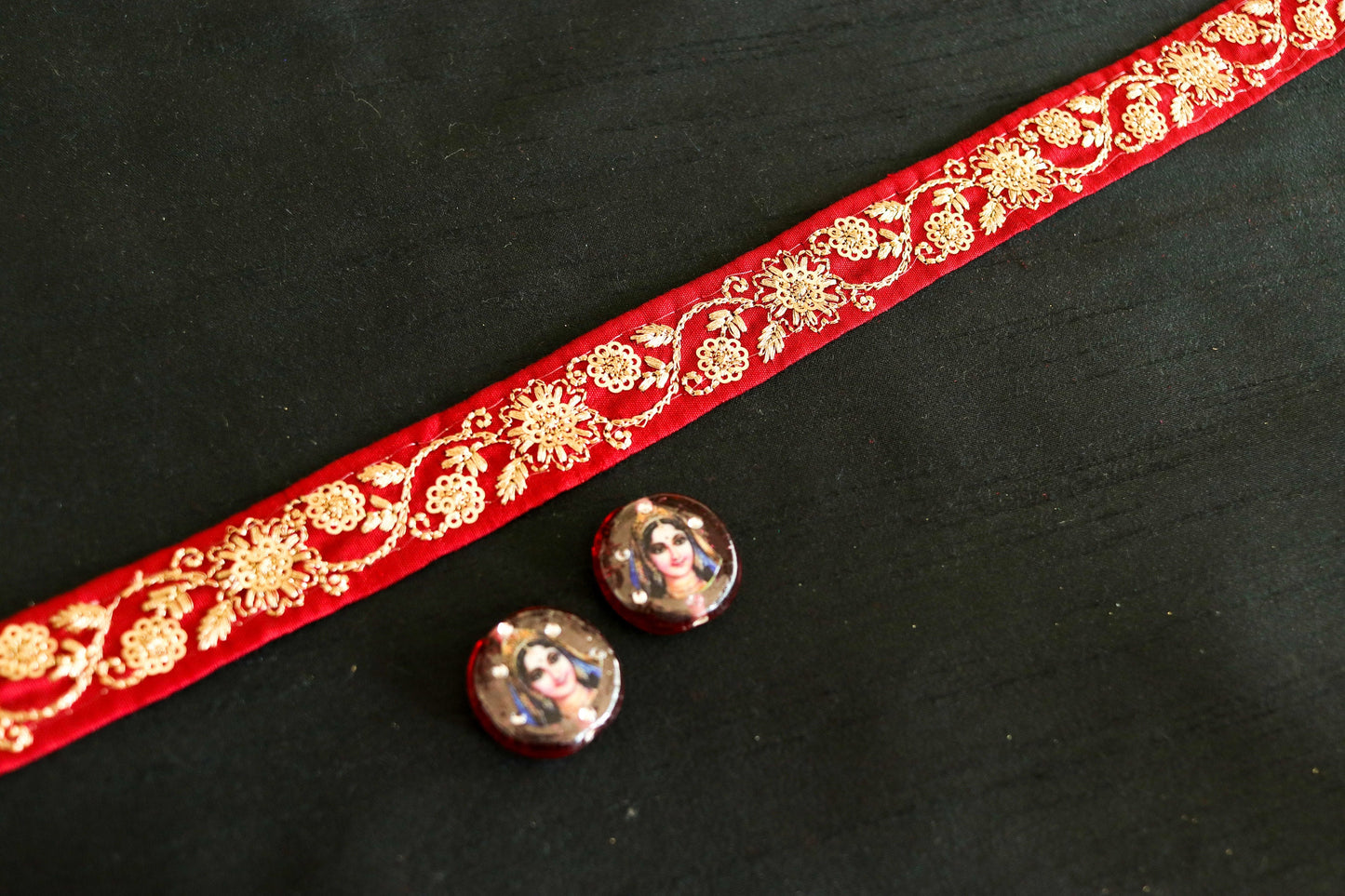Red Gold Floral Embroidered Trim,Indian Floral Border,Red Sequin Lace,Red Bridal Trim,Fabric Trim,Saree Border,Price/mtr