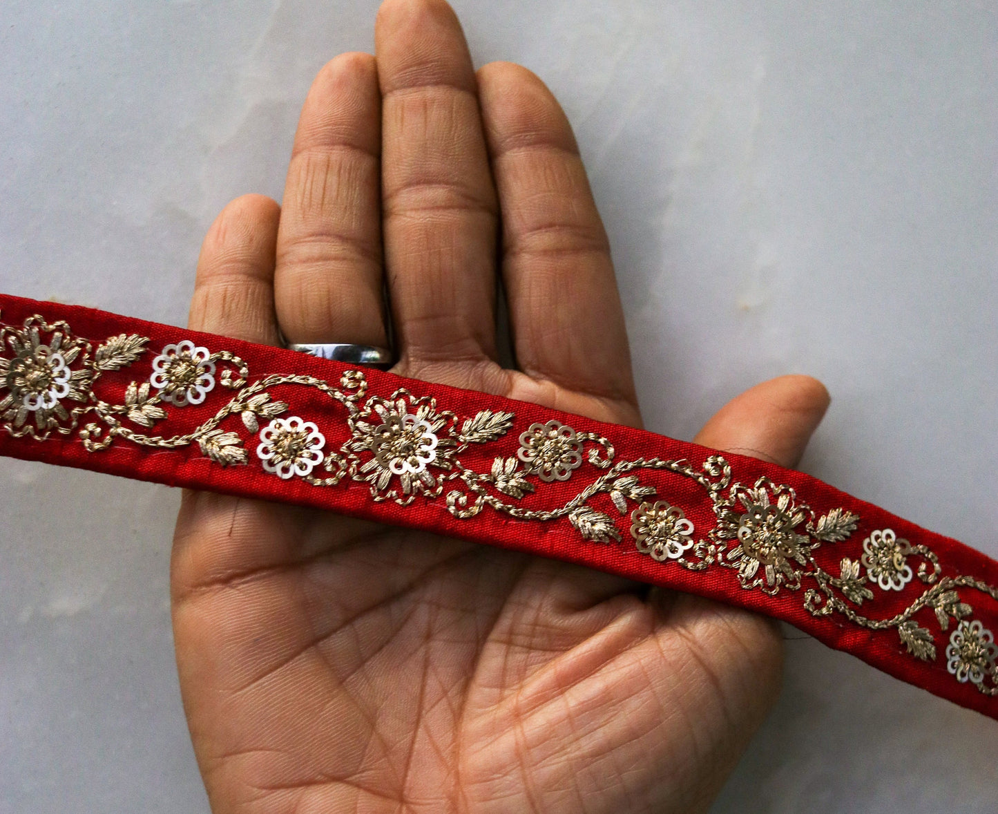 Red Gold Floral Embroidered Trim,Indian Floral Border,Red Sequin Lace,Red Bridal Trim,Fabric Trim,Saree Border,Price/mtr