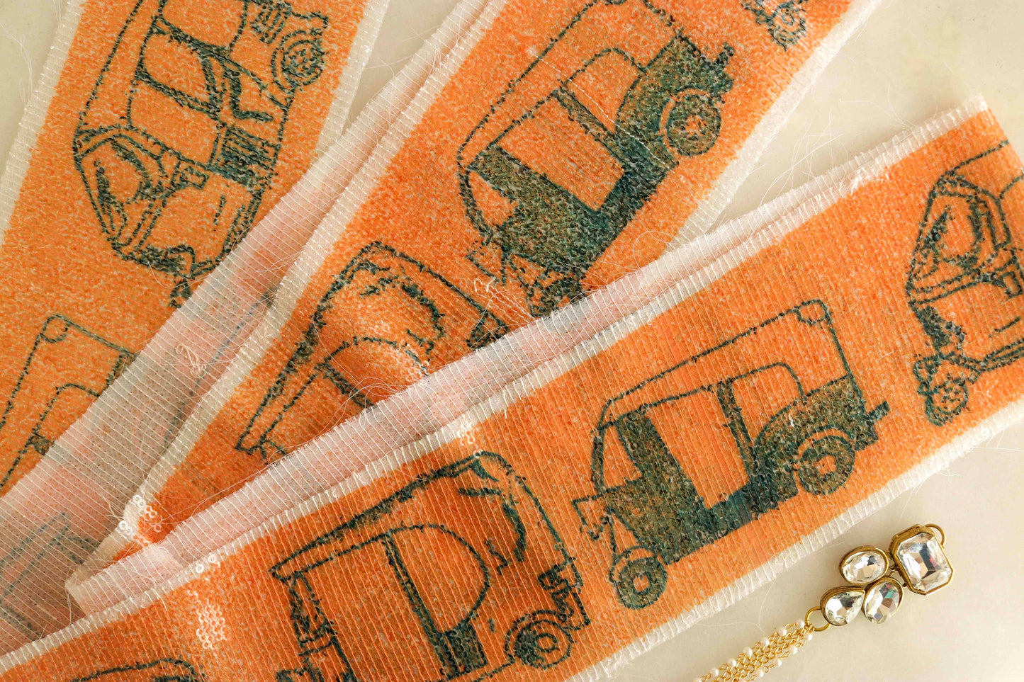 Orange Tuktuk Print Sequin Trim,Quirky Auto Border,Neon Sequin Embroidered Lace,Boho Vehicle Trim,Indian Designer Saree Border,Price/mtr