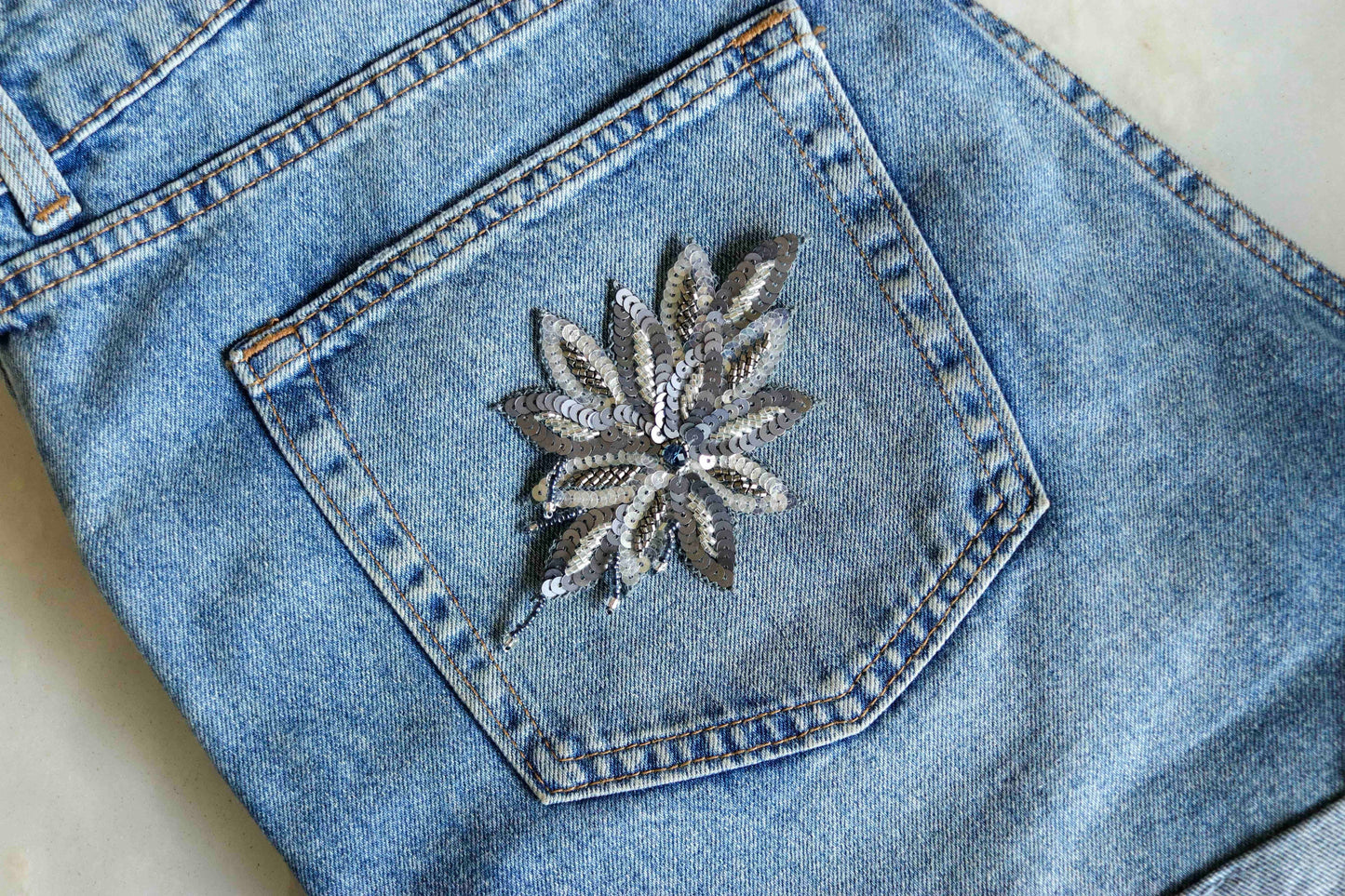 Grey Silver Floral Sequin patch,Handmade embroidered applique, Vintage Silver patch,Old Silver Applique,DIY Patch