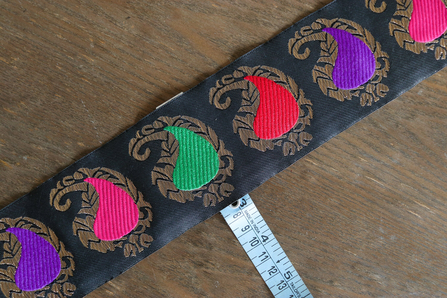 Black Gold Paisley Brocade Trim,Indian Brocade Border,Red Green Paisley Lace,Vintage Trim,Banarasi Saree Border,Price/mtr
