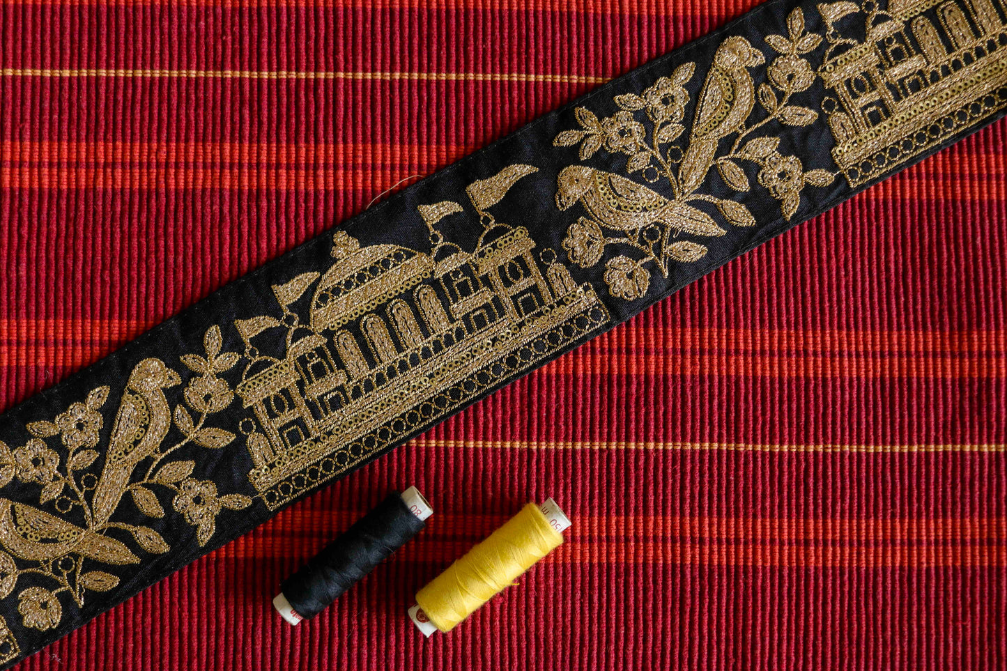 Black Parrot Palace Embroidered Trim,Black Gold Bird Lace,Bird Saree Border,Black Quirky Boho Trim,Indian Fabric Trim,Price/mtr