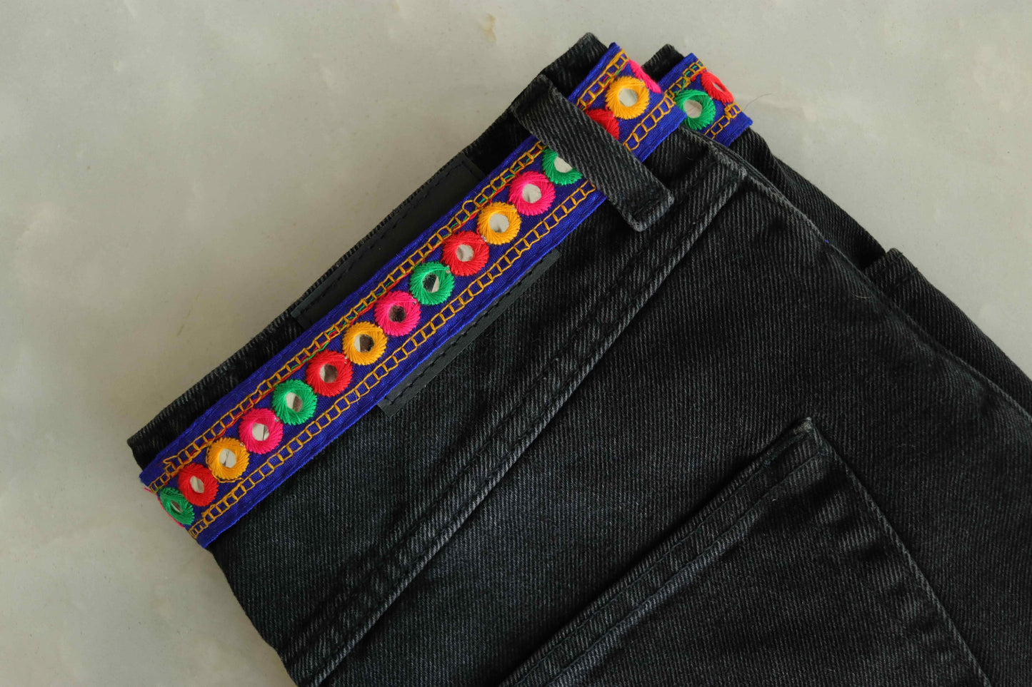 Blue Mirror Embroidered Kutchi Trim,Indian Embroidered Border,Blue Faux Mirror Lace,Tribal Boho Hippie Saree Border,Price/mtr