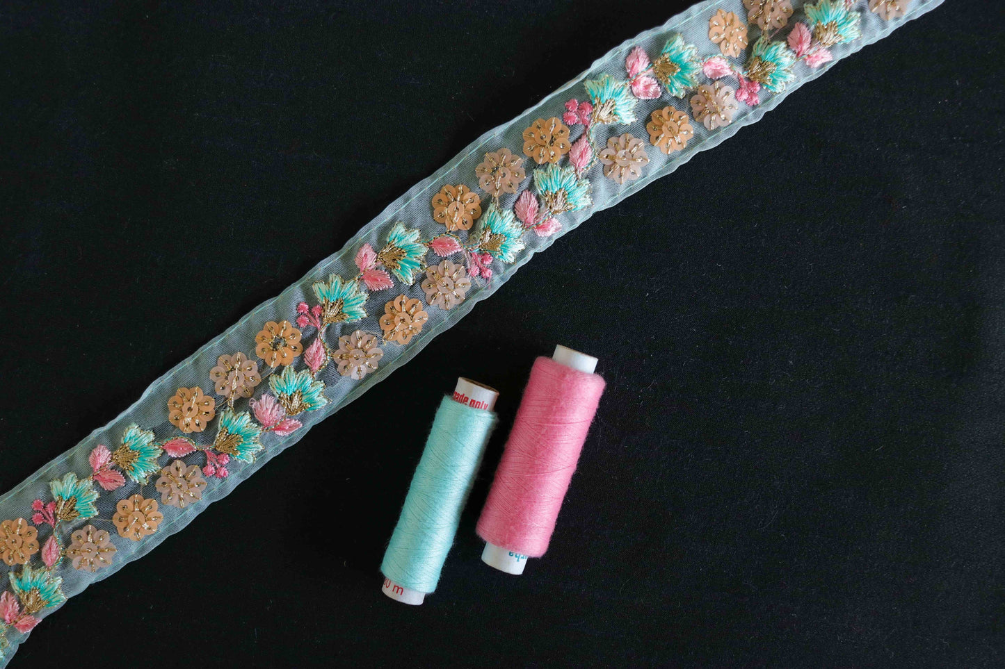 Mint Blue Floral Embroidered Trim,Green Blue Sequin Tissue Floral Lace,Indian Fabric Trim,Blue Pink Floral Organza Saree Border,Price/mtr