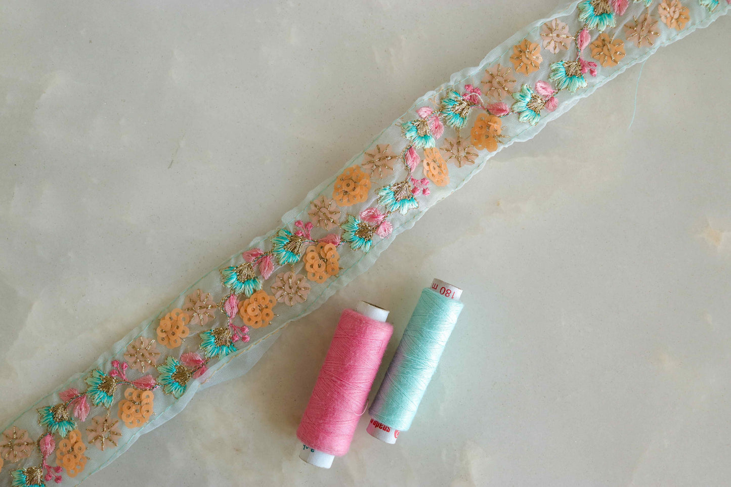 Mint Blue Floral Embroidered Trim,Green Blue Sequin Tissue Floral Lace,Indian Fabric Trim,Blue Pink Floral Organza Saree Border,Price/mtr