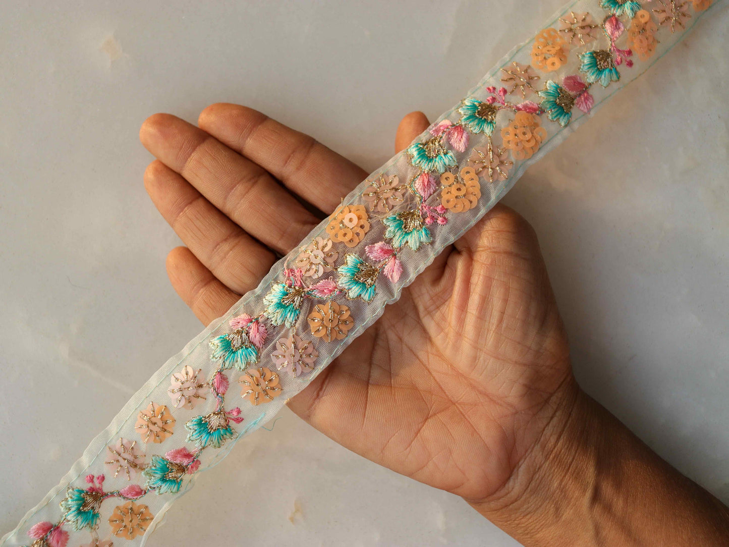 Mint Blue Floral Embroidered Trim,Green Blue Sequin Tissue Floral Lace,Indian Fabric Trim,Blue Pink Floral Organza Saree Border,Price/mtr