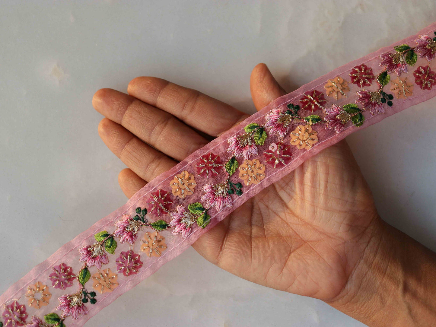 Pink Gold Floral Embroidered Trim,Pink Tissue Floral Lace,Indian Fabric Trim,Pink Green Floral Organza Saree Border,Price/mtr