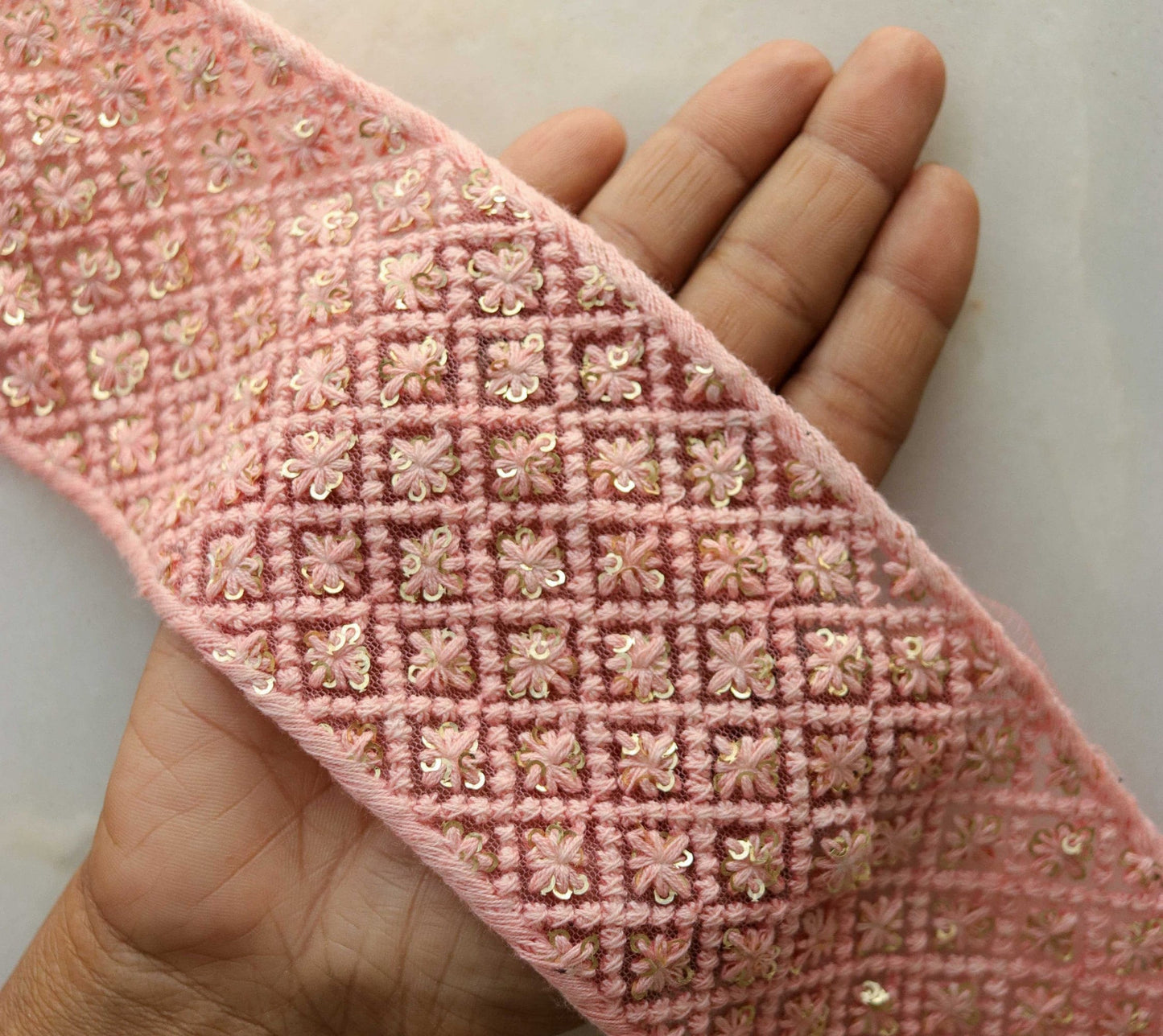 Pink Floral Self Embroidered Trim,Indian Fabric Net Sequins Border,Lucknowi Chikankari Lace,Pink Saree Border,Price/mtr