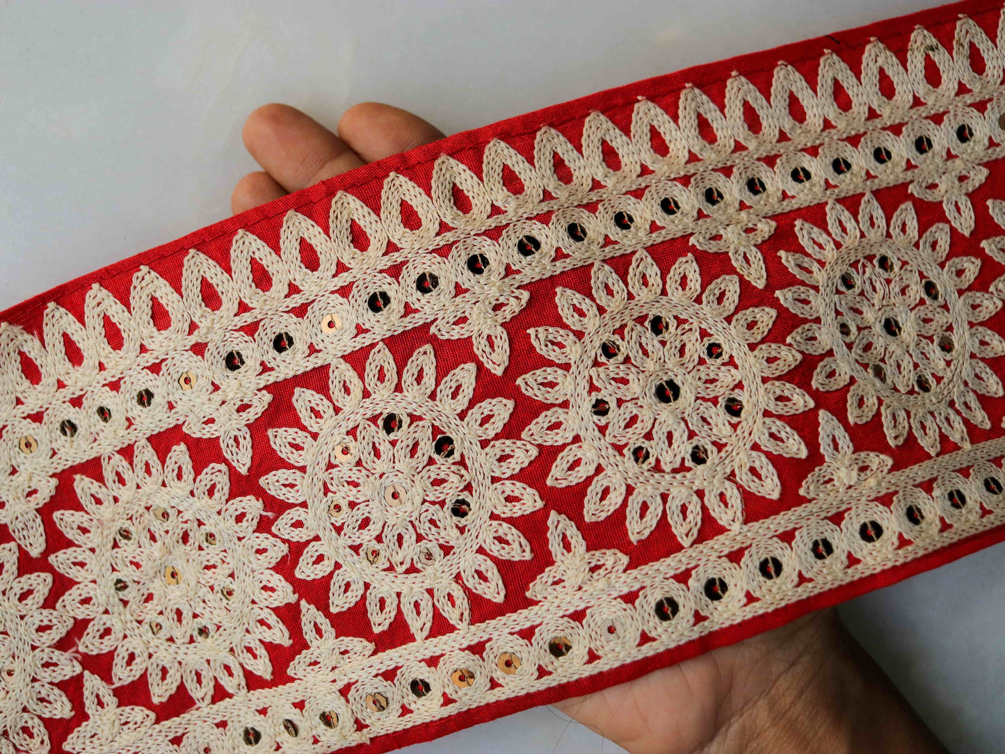 Red White Floral Embroidered Trim,Indian Kashmiri Embroidered Border,Broad Red Floral Lace,Broad Saree Border,Price/mtr