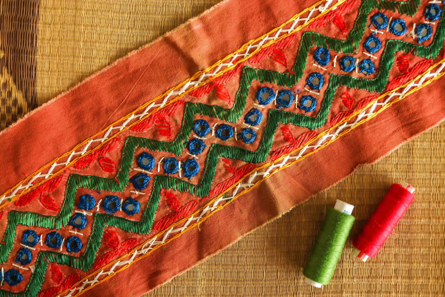 Orange Blue Embroidered Kutchi Trim,Indian Border,Handmade Orange Mirror Embroidered Lace,Tribal Boho Hippie Saree Border,Price/mtr