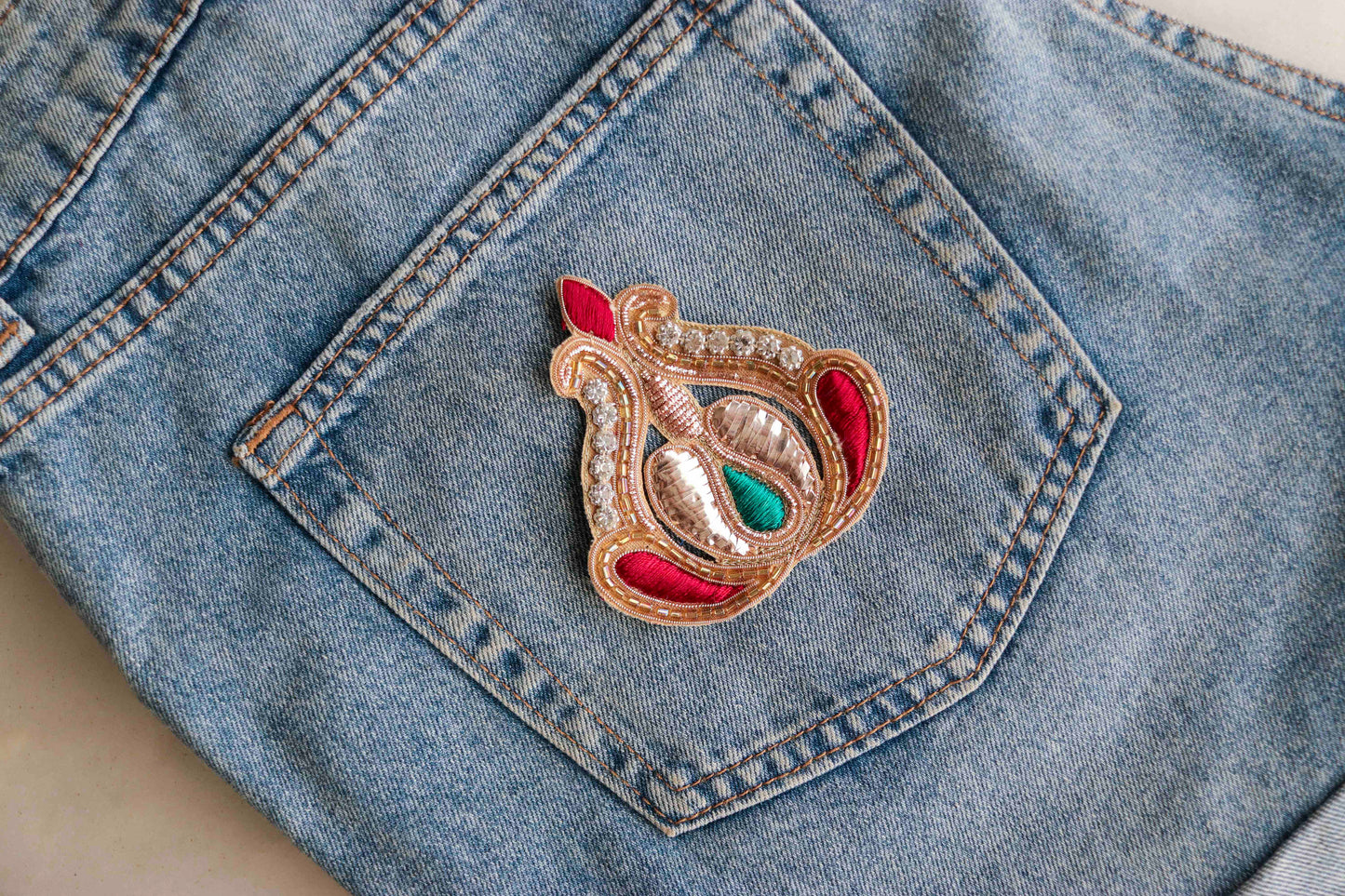 Rose Gold paisley embroidered patch,Handmade embroidered Regal applique, Light Gold patch,Bridal Floral Paisley DIY Patch