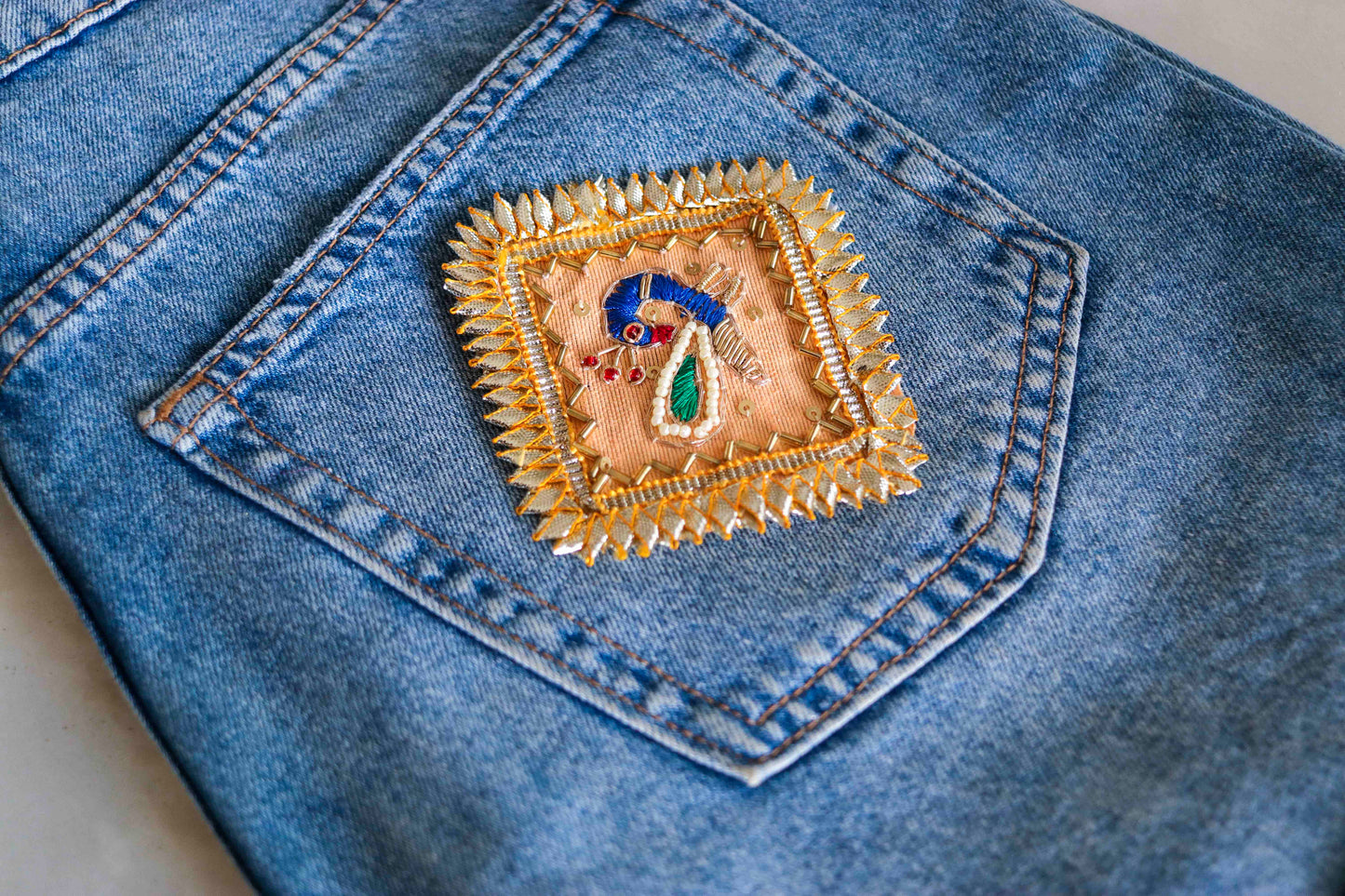 Peach Gold Peacock Embroidered Patch,Indian Handmade Peacock Gota Applique,Gold Foil Indian Bird patch,DIY Patch