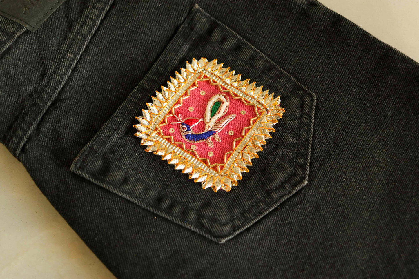 Pink Gold Peacock Embroidered Patch,Indian Handmade Peacock Gota Applique,Gold Foil Indian Bird patch,DIY Patch