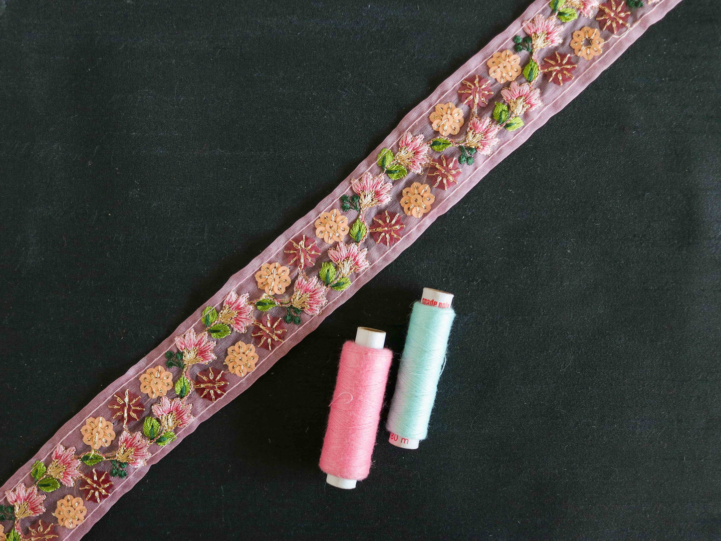 Pink Gold Floral Embroidered Trim,Pink Tissue Floral Lace,Indian Fabric Trim,Pink Green Floral Organza Saree Border,Price/mtr