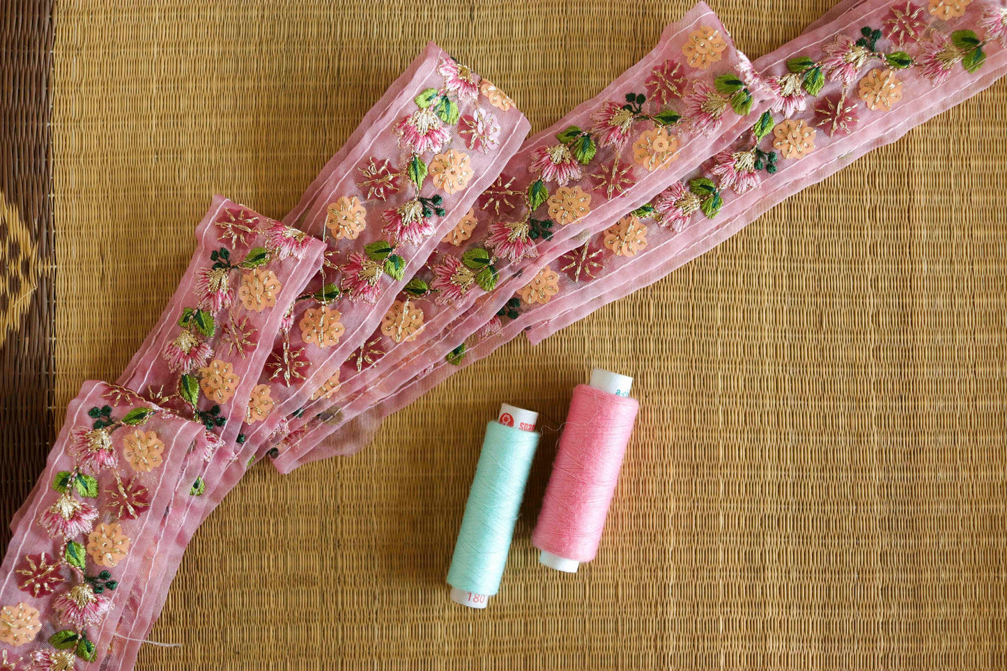Pink Gold Floral Embroidered Trim,Pink Tissue Floral Lace,Indian Fabric Trim,Pink Green Floral Organza Saree Border,Price/mtr