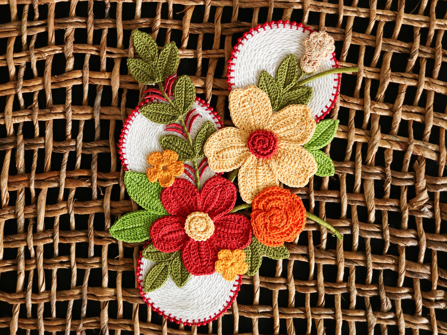 Large Red Yellow Floral Patch,Handmade Crochet embroidered floral applique, Large Boho 3D Floral patch,Crochet DIY Patch