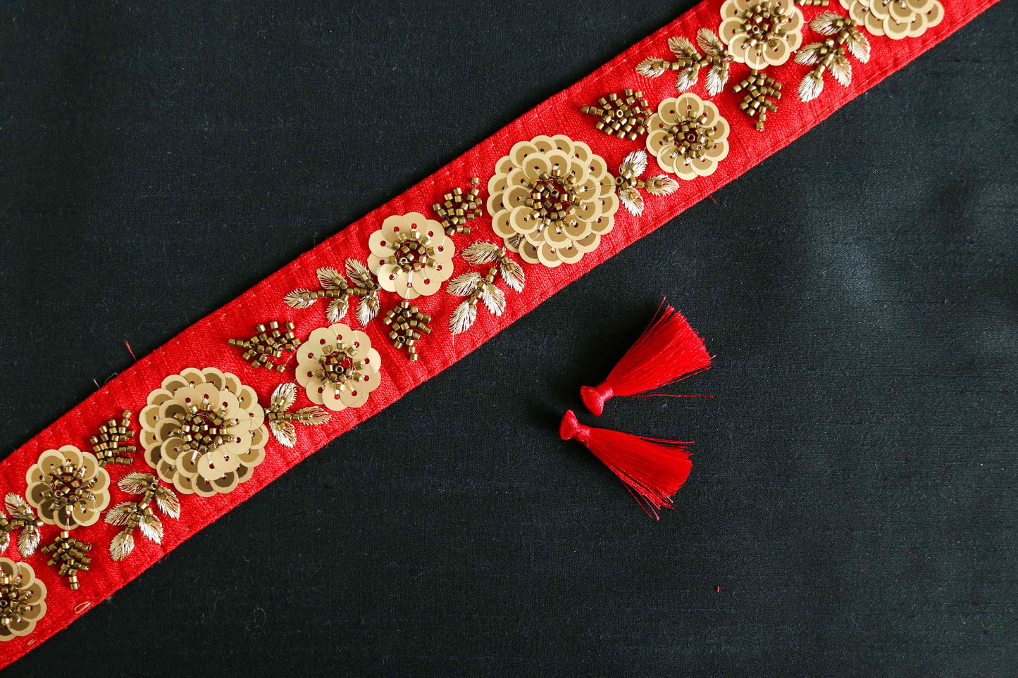Red Gold Floral Embroidered Trim,Sequin Embroidered Floral Lace,Quirky Boho Trim,Red Gold Saree Border,Price/mtr