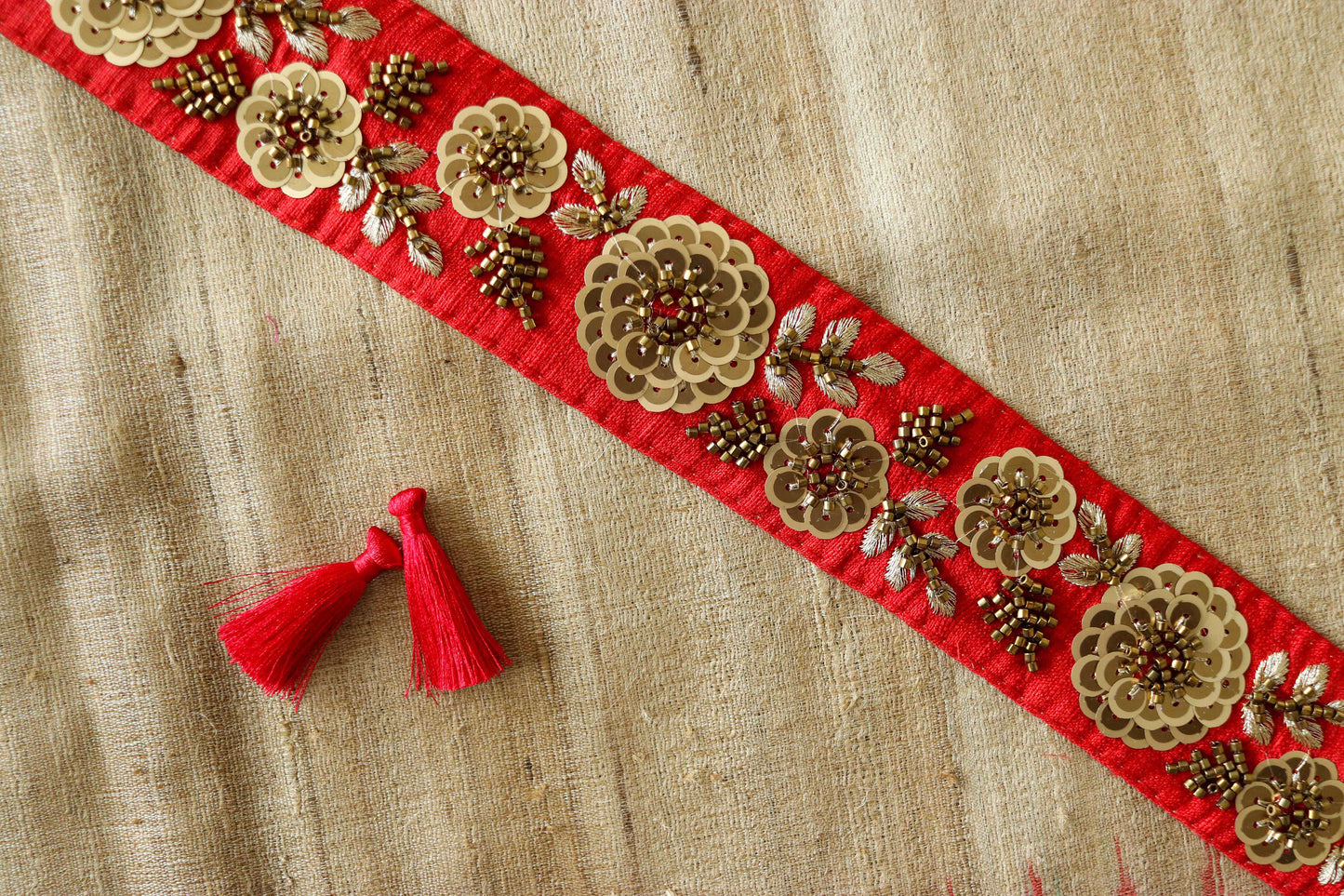 Red Gold Floral Embroidered Trim,Sequin Embroidered Floral Lace,Quirky Boho Trim,Red Gold Saree Border,Price/mtr