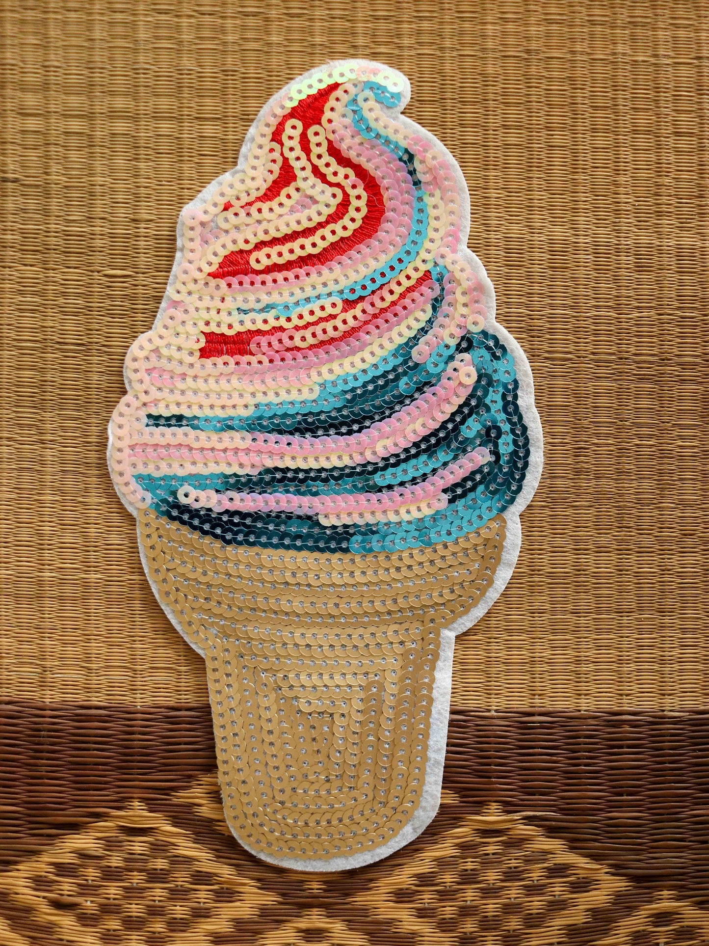 Quirky Multicolour Sequin Ice-cream Patch,Ice-Cream Cone applique,Gold Pink Sequin Food Patch,Dessert Applique,Boho Playful applique