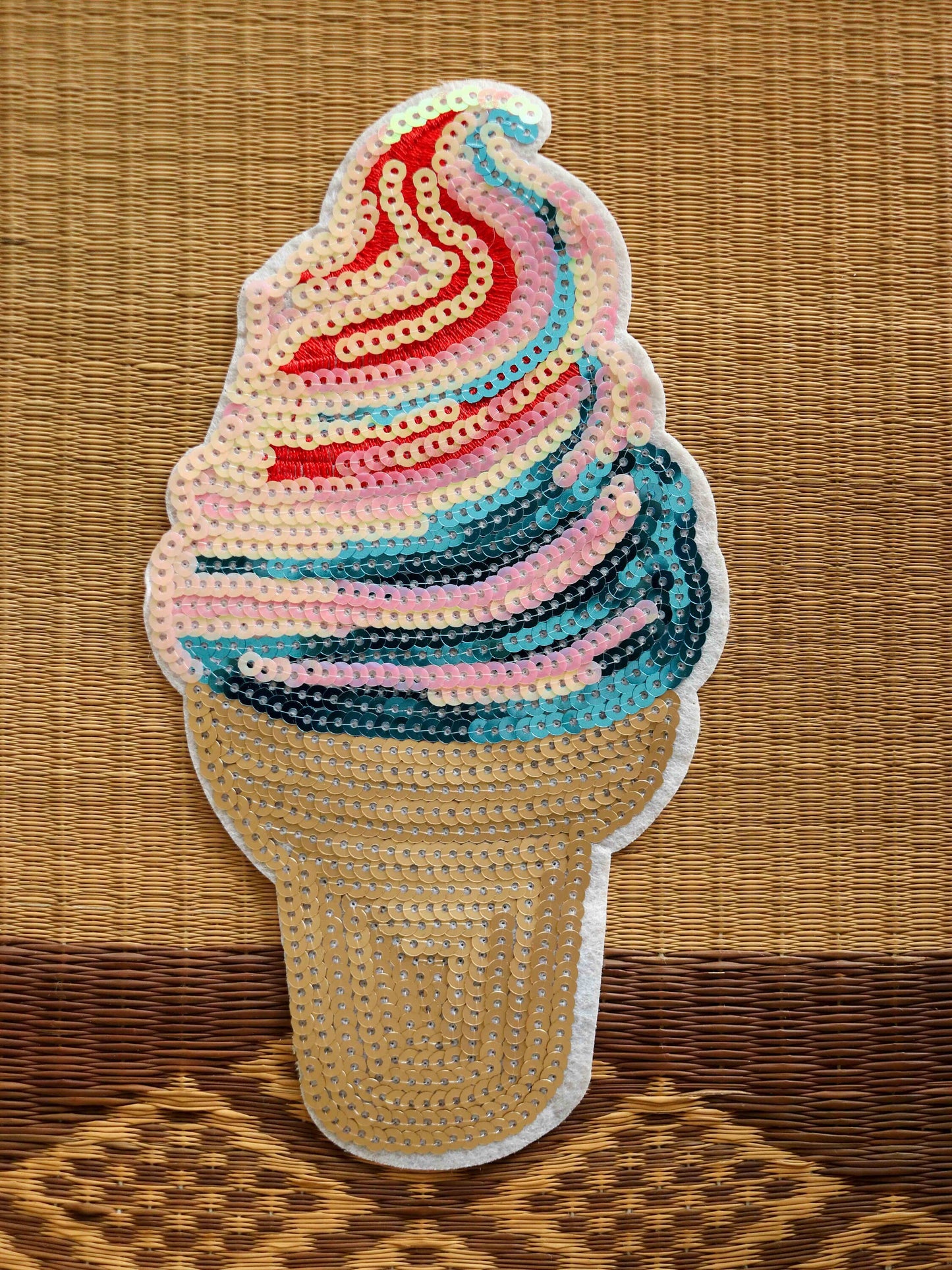Quirky Multicolour Sequin Ice-cream Patch,Ice-Cream Cone applique,Gold Pink Sequin Food Patch,Dessert Applique,Boho Playful applique