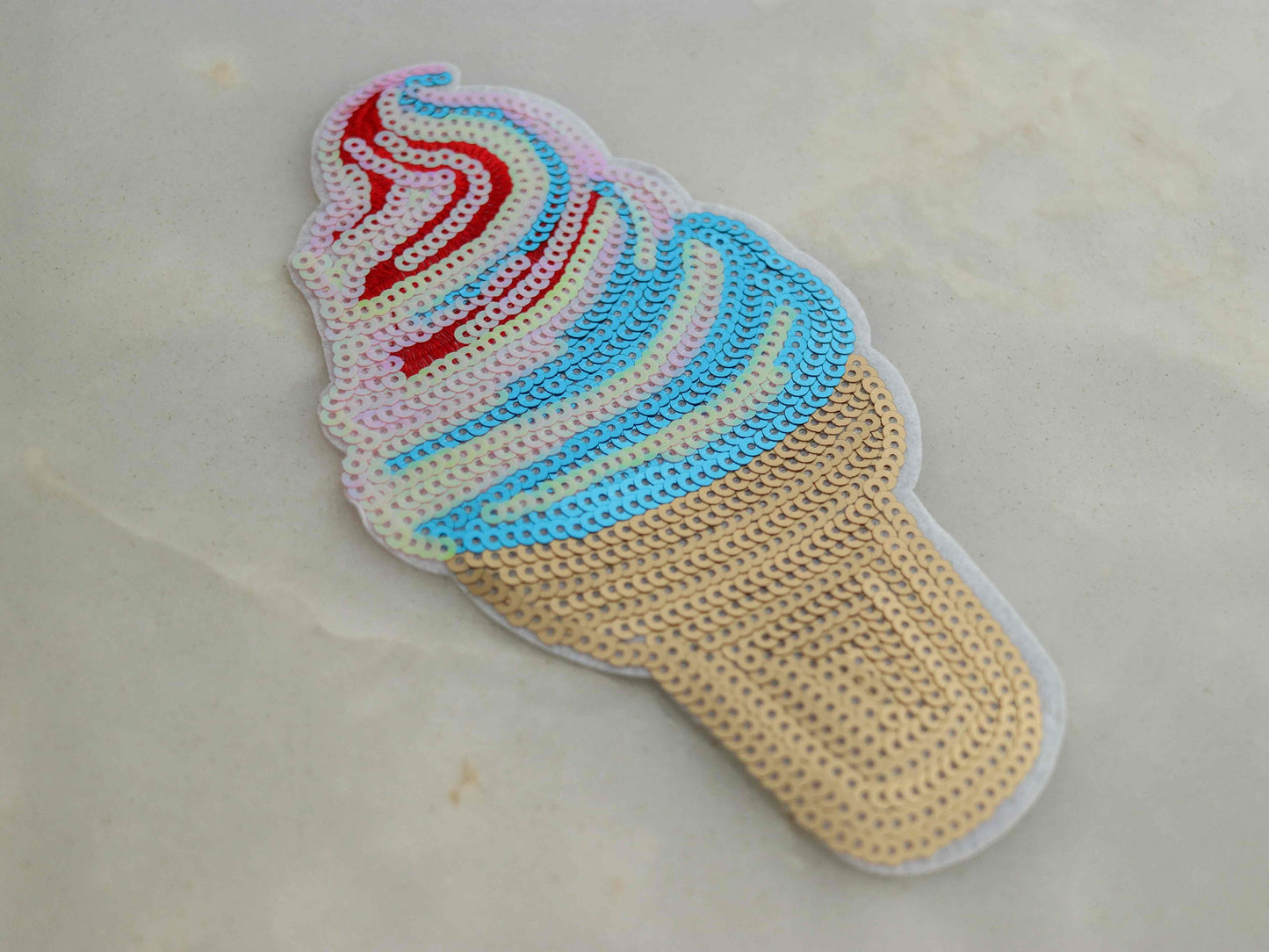 Quirky Multicolour Sequin Ice-cream Patch,Ice-Cream Cone applique,Gold Pink Sequin Food Patch,Dessert Applique,Boho Playful applique
