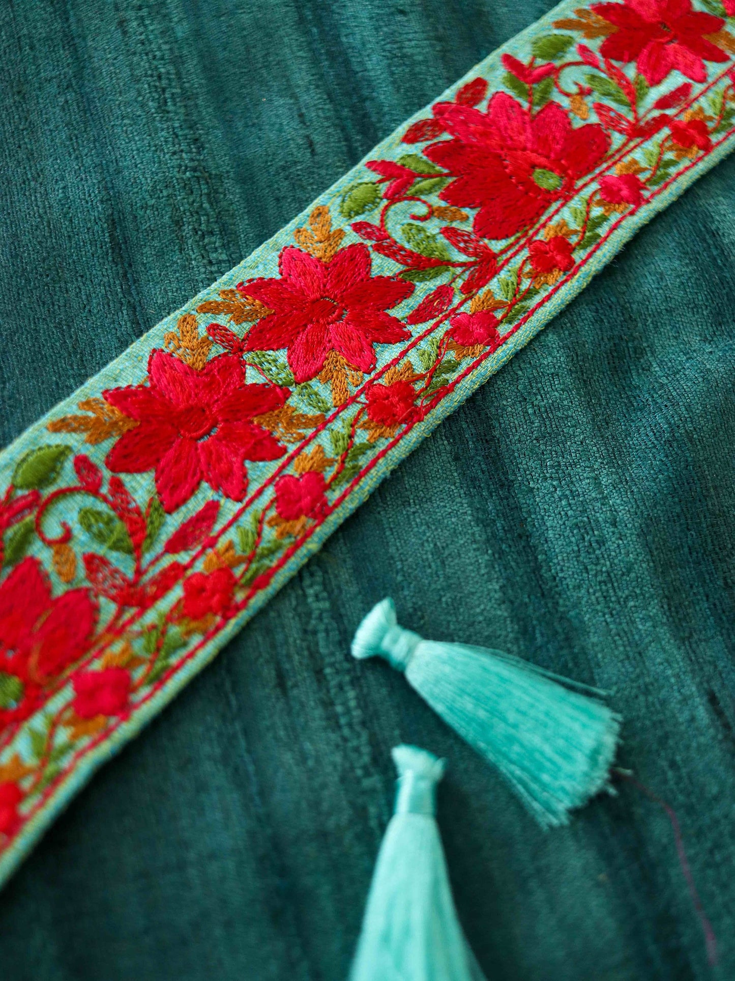 Green Red Floral Embroidered Trim,Indian Fabric Embroidered Border,Mint Red Floral Lace,Parsi Embroidery Saree Border,Price/mt
