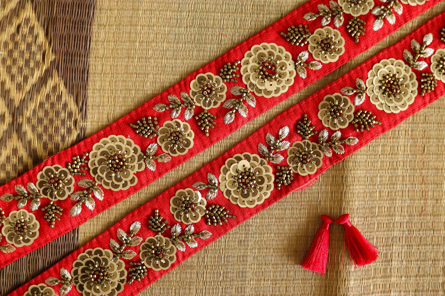 Red Gold Floral Embroidered Trim,Sequin Embroidered Floral Lace,Quirky Boho Trim,Red Gold Saree Border,Price/mtr