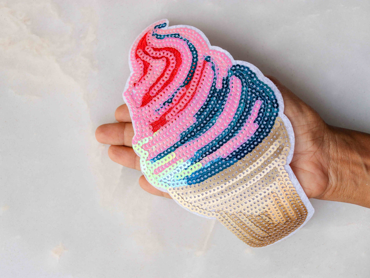 Quirky Multicolour Sequin Ice-cream Patch,Ice-Cream Cone applique,Gold Pink Sequin Food Patch,Dessert Applique,Boho Playful applique