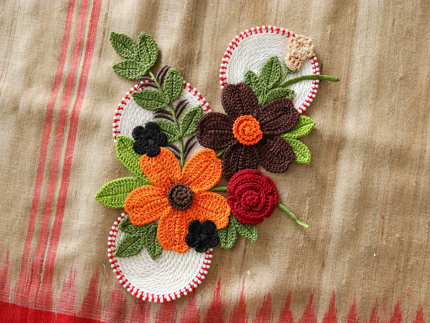 Large Orange Brown Floral Patch,Handmade Crochet embroidered floral applique, Large Boho 3D Floral patch,Crochet DIY Patch