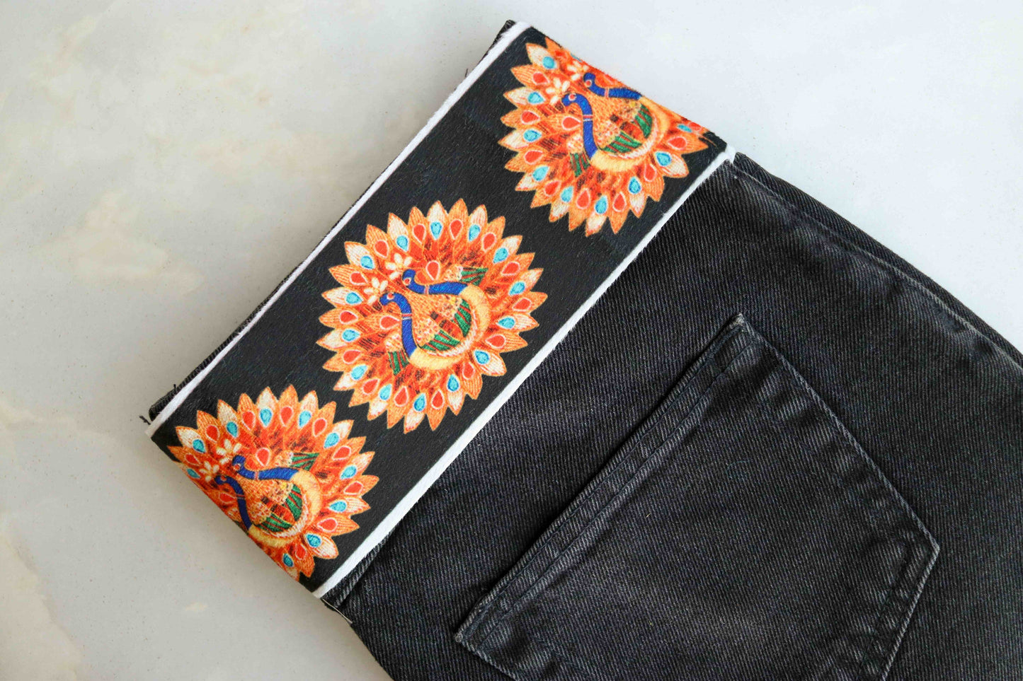 Indian Peacock Digital Print Trim, Black Orange Indian Bird Border, Quirky Boho Digital Print Lace, Bridal Digital Saree Border, Price/mtr