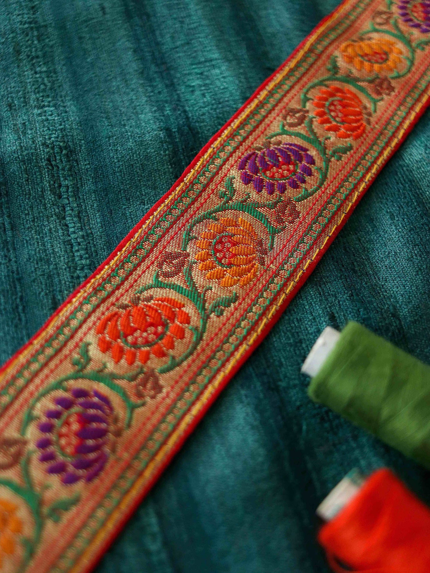 Red Orange Floral Banarasi Trim,Brocade Silk Border,Indian Brocade Lace,Banarasi Saree Border,Red Bridal Trim,Price/mtr