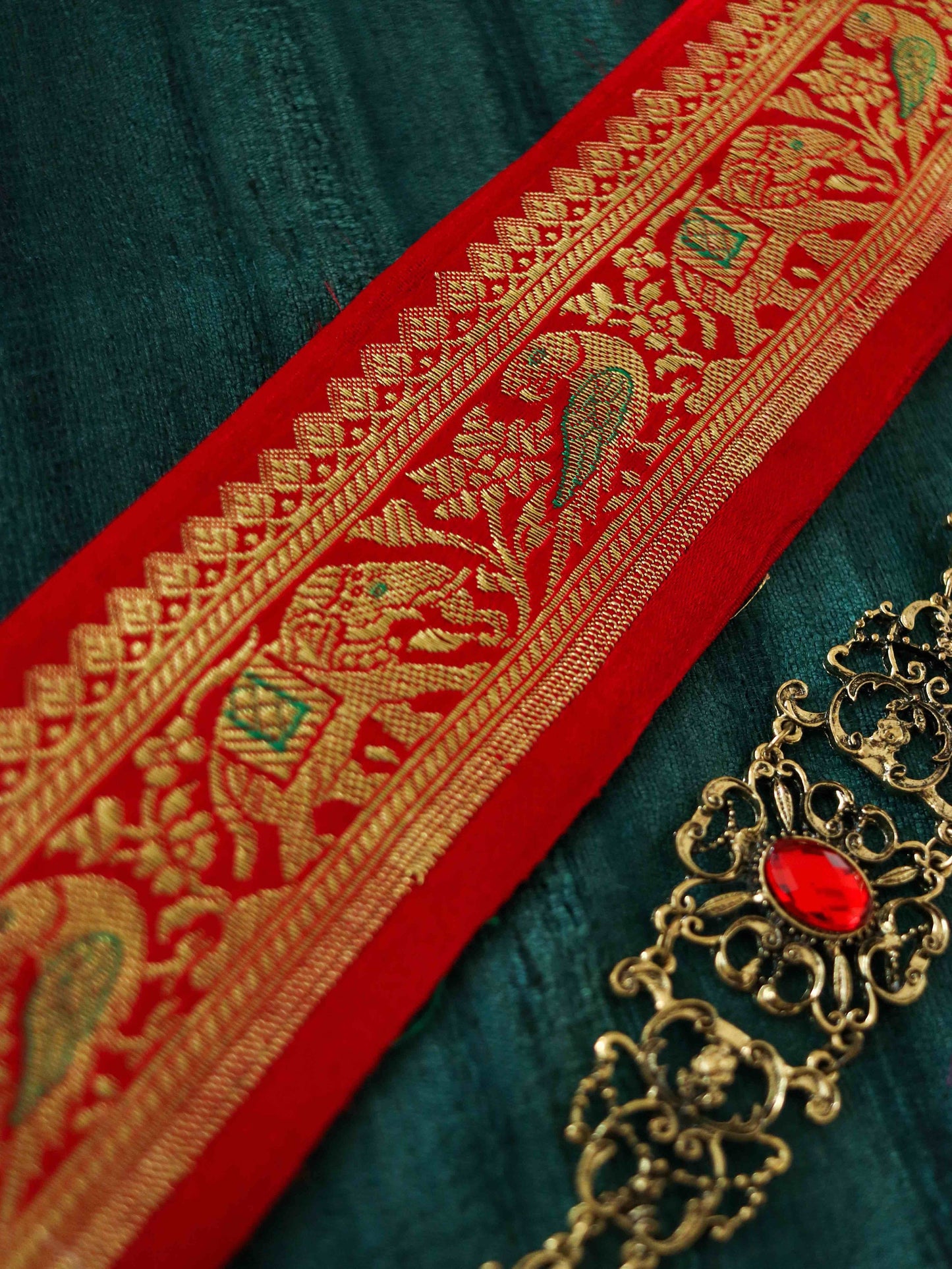Red Parrot Elephant Banarasi Trim,Handmade Red Banarasi Border,Indian Brocade Lace,Designer Red Bird Saree Border,Price/mtr