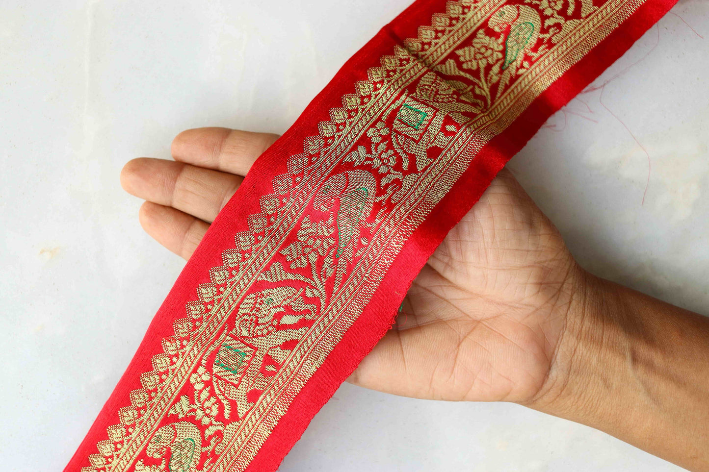 Red Parrot Elephant Banarasi Trim,Handmade Red Banarasi Border,Indian Brocade Lace,Designer Red Bird Saree Border,Price/mtr
